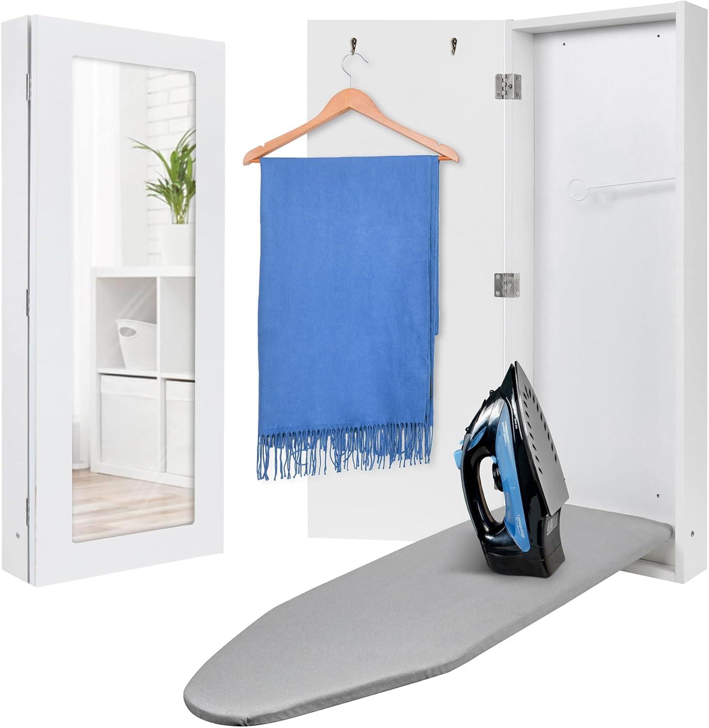 Ivation Ironing Board, Wall Mounted Ironing Board Cabinet W/Left Side Door, Mirror & Lever, White