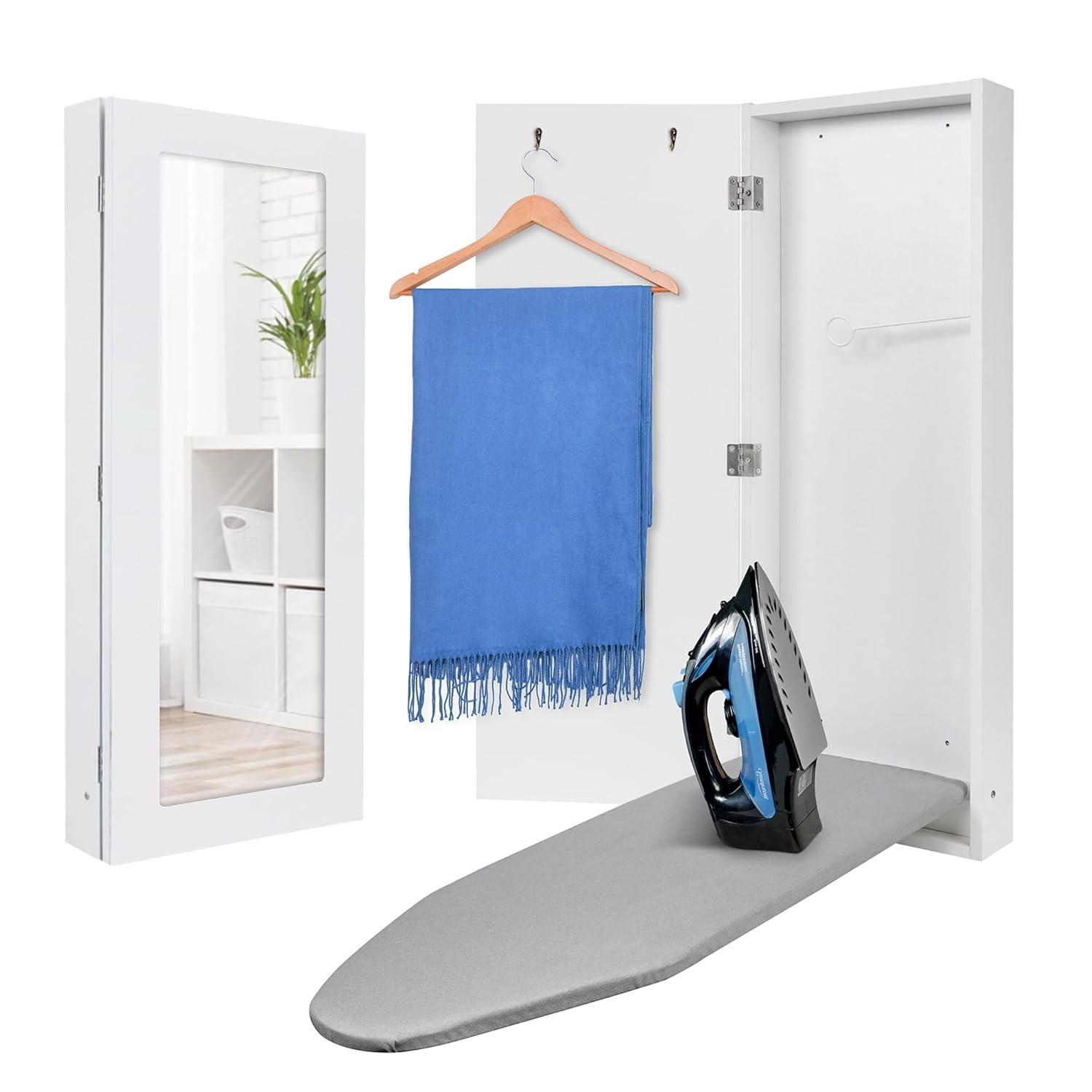 Ivation Ironing Board, Wall Mounted Ironing Board Cabinet W/Left Side Door, Mirror & Lever, White