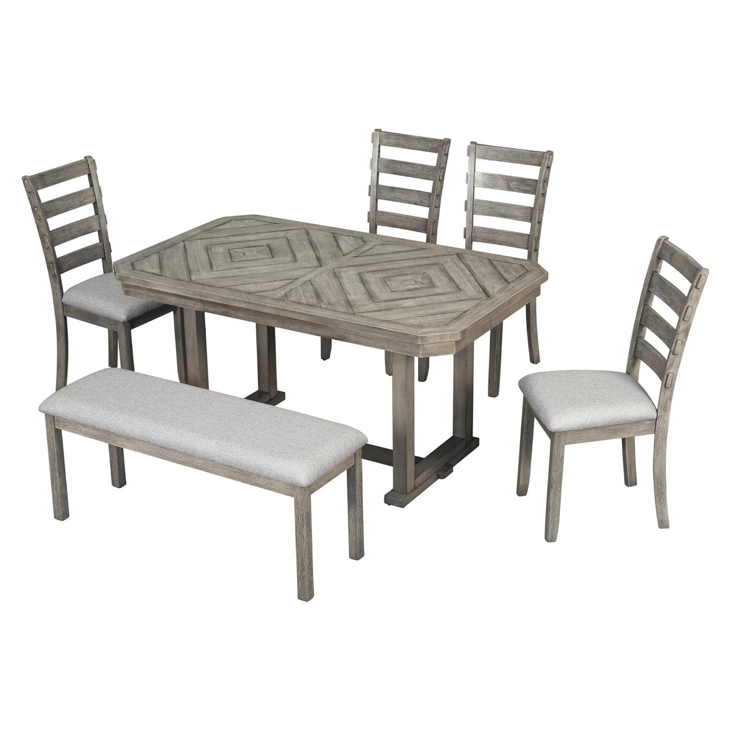 Bellemave Dining Table Set for 6, Rectangular Dining Table with Upholstered Chairs and Bench, 6-Piece Table Set for Dining Room and Kitchen, Retro Dining Room Table Set with Bench, 4 Chairs
