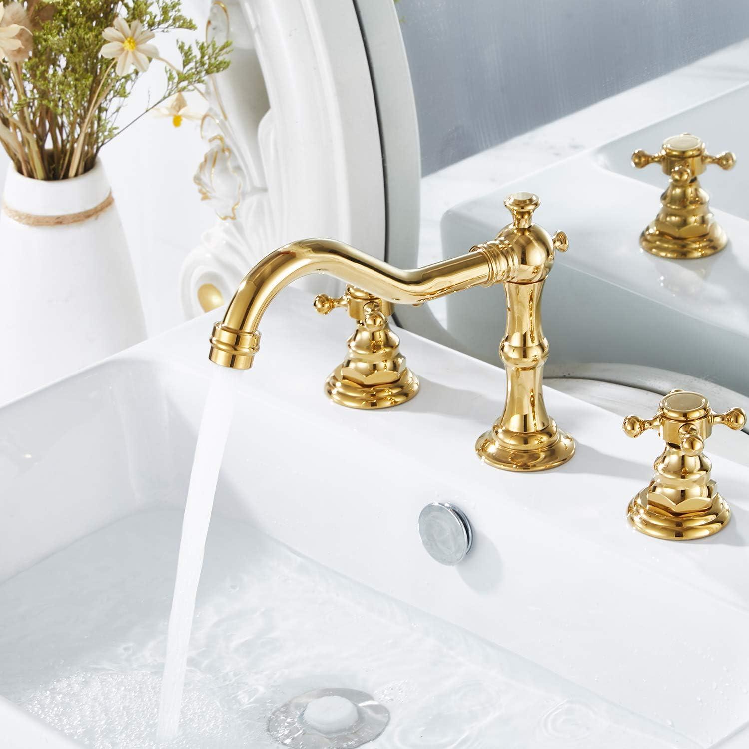 GGStudy 8-16 inch Two Handles 3 Holes Widespread Bathroom Sink Faucet Gold Basin Mixer Tap Faucet Matching Metal Pop Up Drain with Overflow