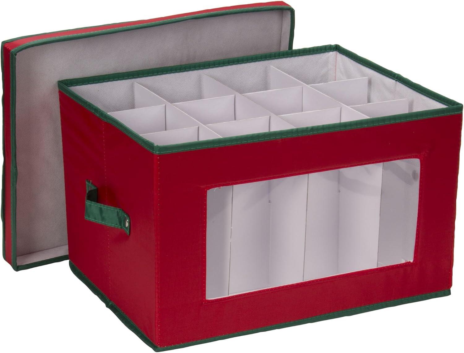 Household Essentials Holiday Stemware Storage Box, Windowed Storage with Lid, 12 Storage Compartments, Red with Green Trim