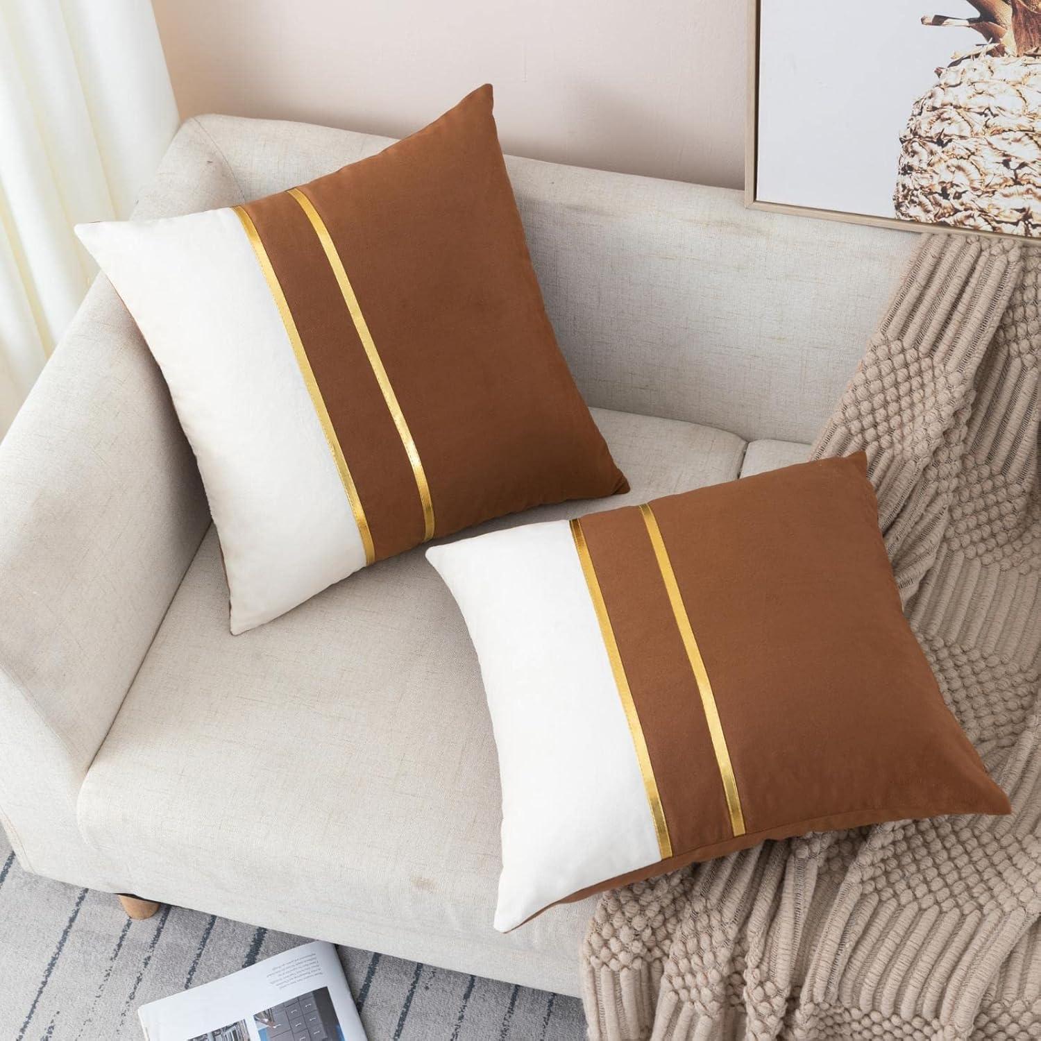 Set of 2 Brown and White Velvet Throw Pillows with Gold Stripes