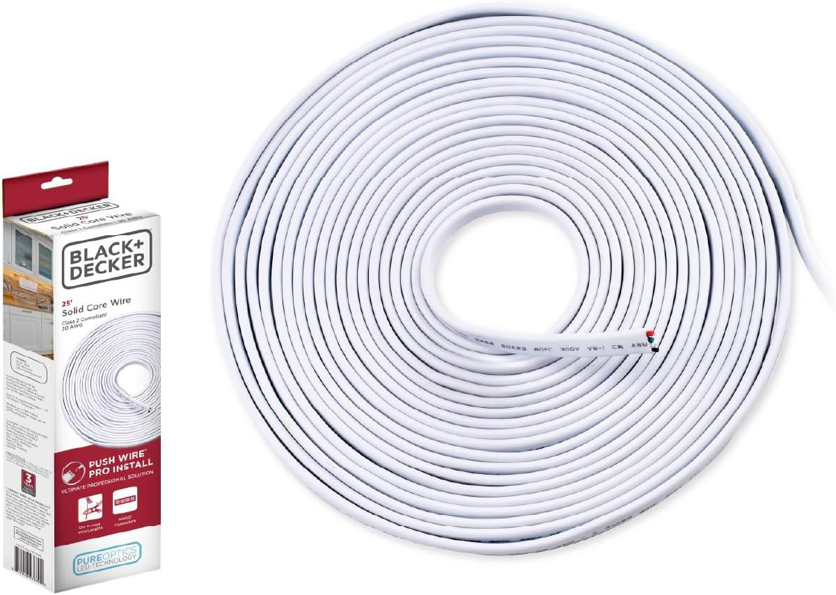 BLACK+DECKER PureOptics Professional Push Wire 25' Jumper Wire Spool for Under Cabinet Lighting, Flat 5/16" or 8mm Cable, 4-Core CL2 Compliant, Non-Metallic, White