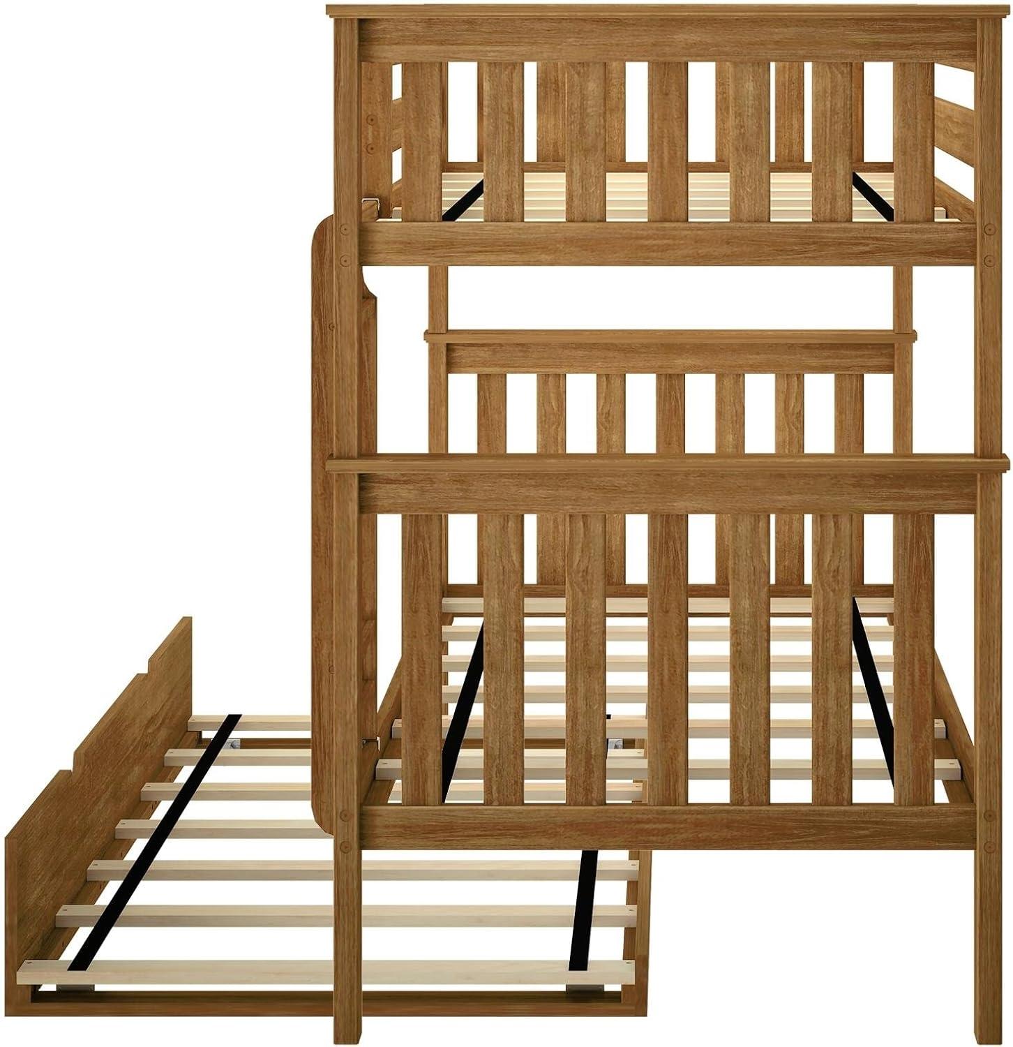 Max & Lily Solid Wood Twin over Twin Bunk Bed with Storage Trundle for Kids, Pecan