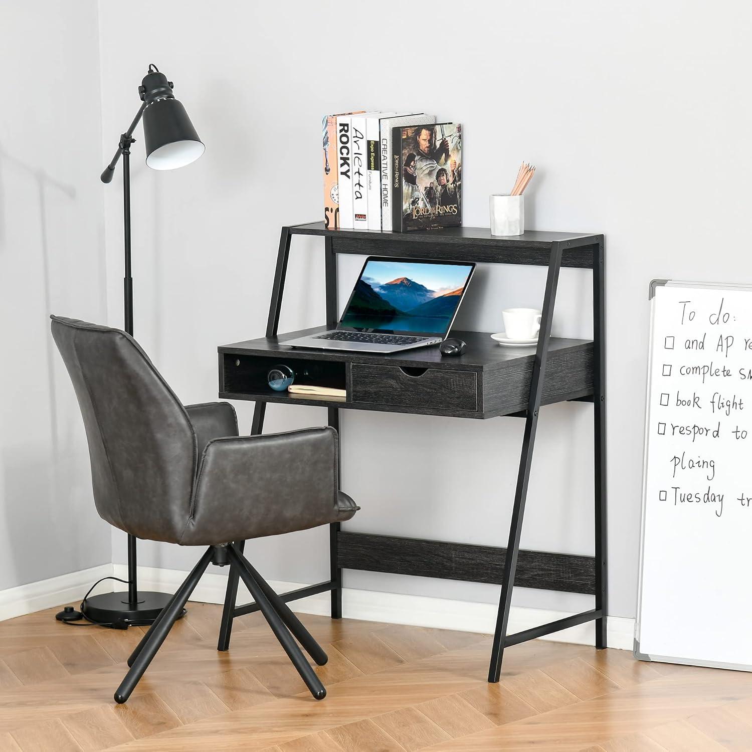 HomCom Home Office Desk, Computer Desk for Small Spaces, Writing Table with Drawer and Storage Shelves, Grey