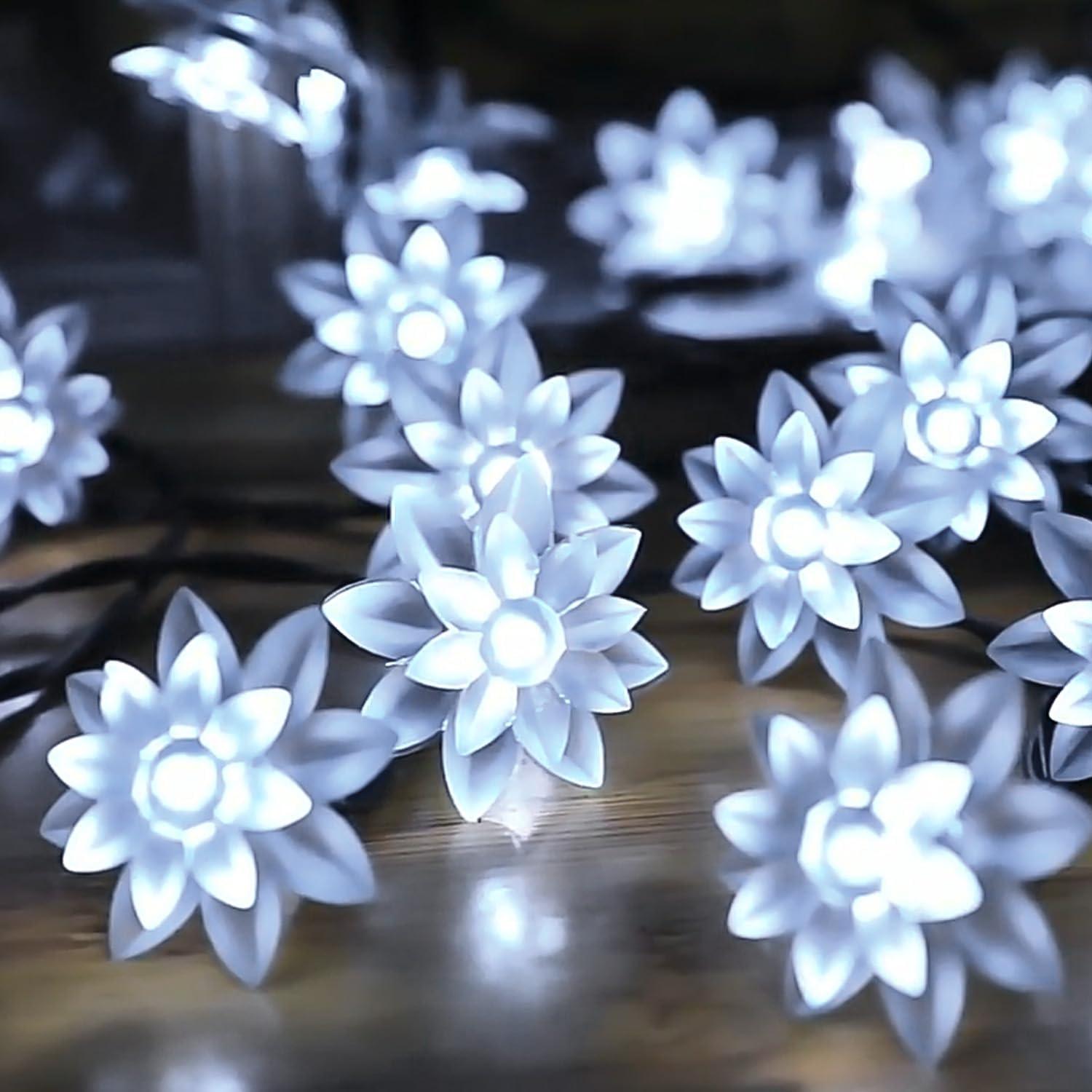 Solar Powered Outdoor White LED Flower Fairy String Lights