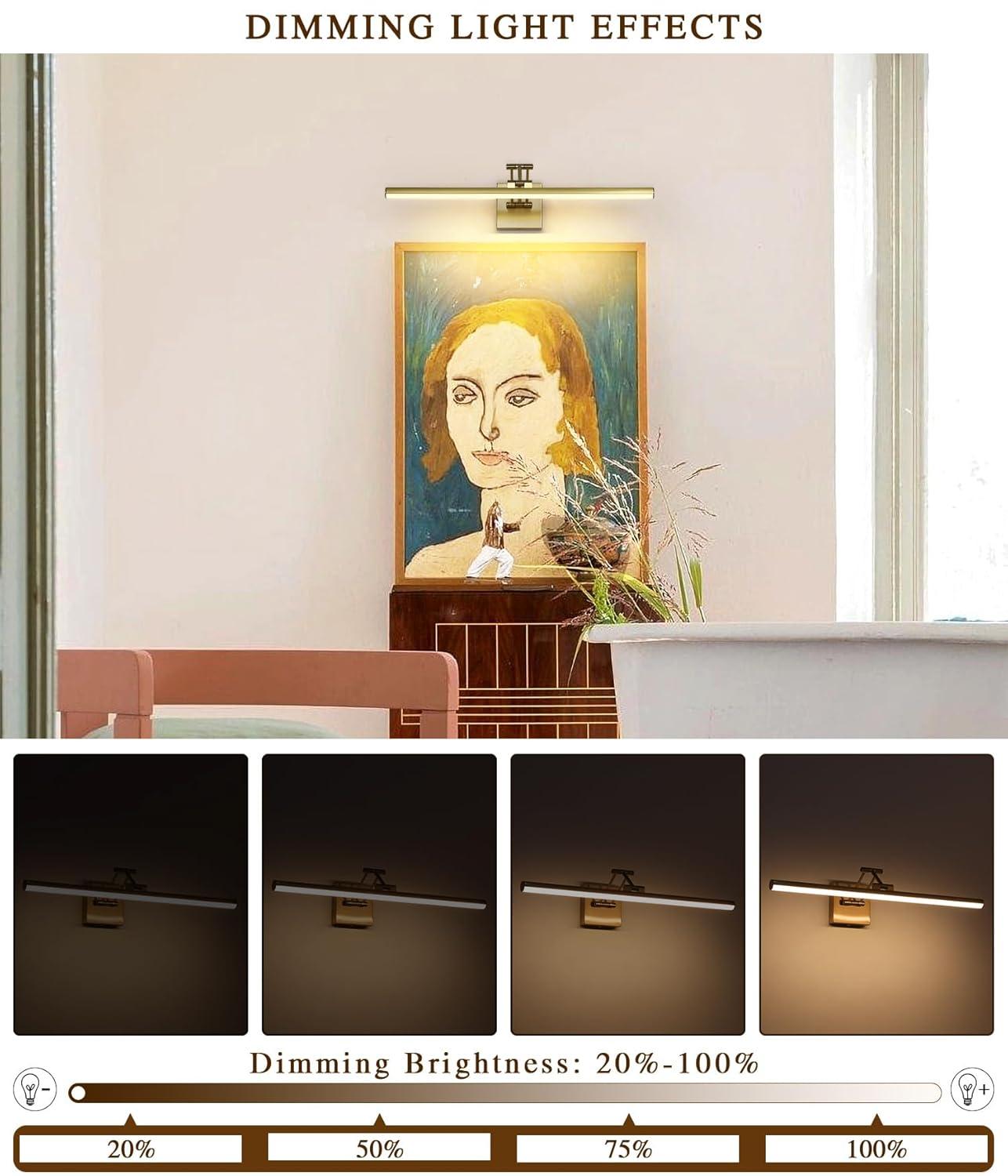 Joossnwell Hard-Wired Picture Light for Wall Brass Art Lighting Dimmable Gallery Light 23.39 inch Picture Frame Light with Adjustable Swing Arm for Painting Library Display Artwork Museum Warm White