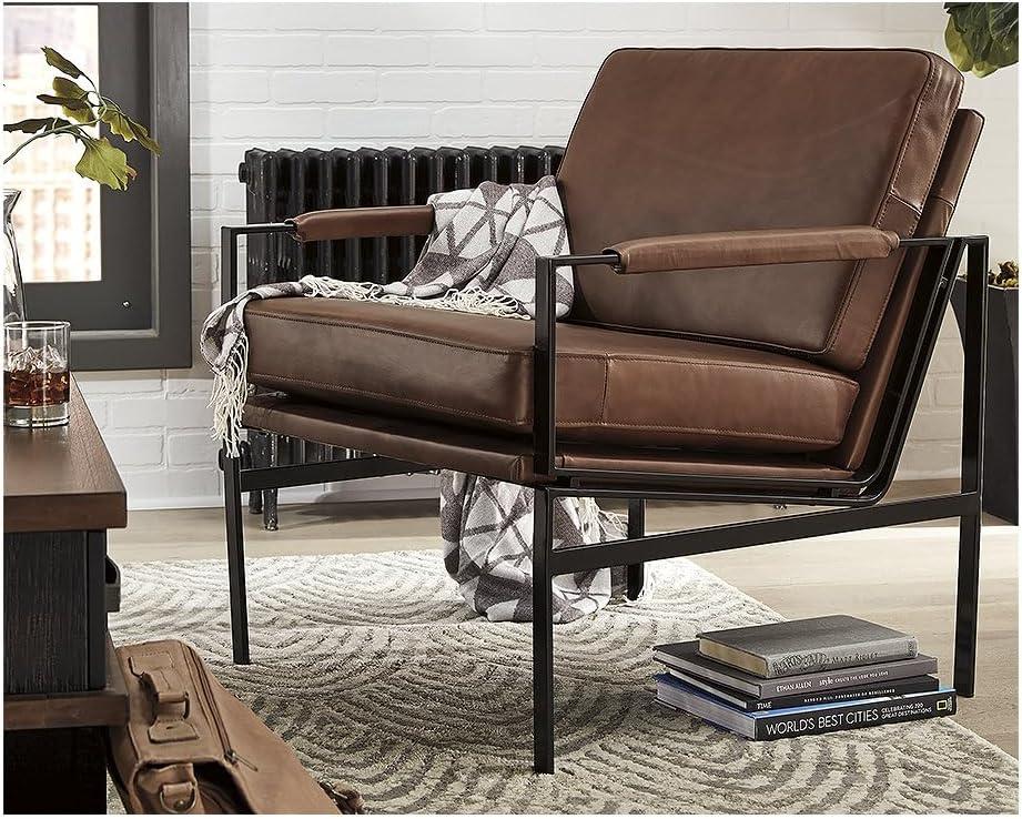 Contemporary Brown Leather Accent Chair with Silver Finish