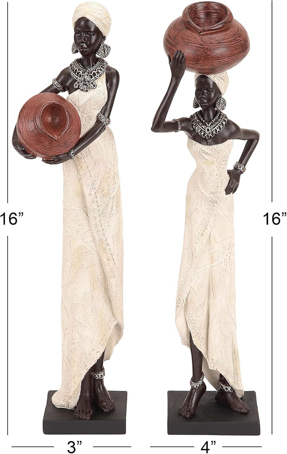 16"H, 4"W Cream Polystone Standing African Woman Sculpture with Red Water Pots and Black Base, by DecMode (2 Count)