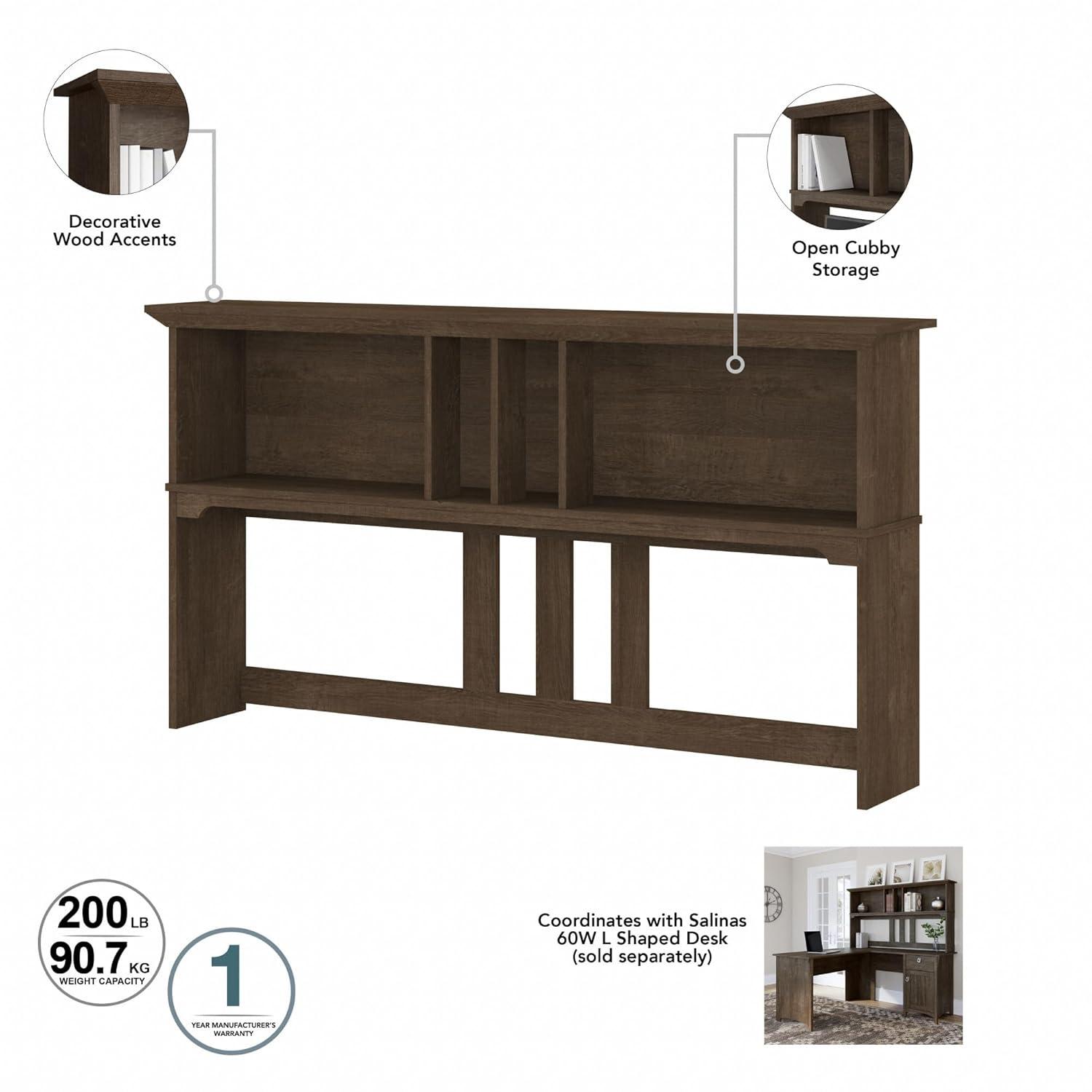 Bush Furniture Salinas Farmhouse 60 in L Shape Desk with Hutch, Box Drawer and Storage Cabinet in Ash Brown (Ships in 2 boxes)