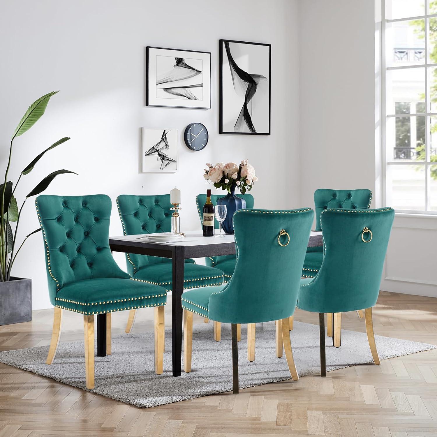 ODUSE-DAILY Green Velvet Dining Chairs Set of 6, Kitchen & Dining Room Chairs, Nailheads Tufted, Sillas De Comedor, Fabric Upholstered, Golden Metal Legs (Green, 6 Pcs)