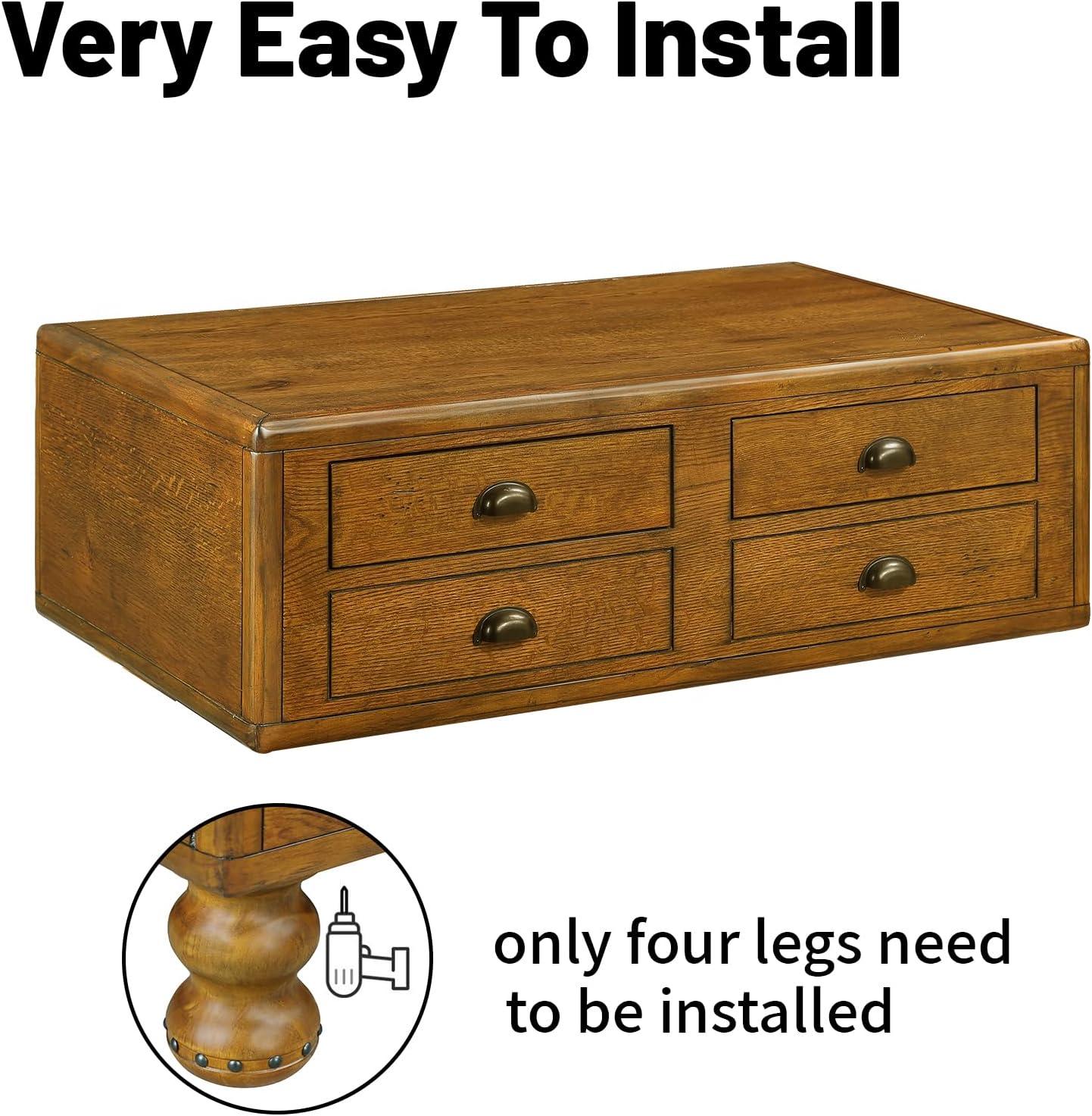 LKTART Wood Coffee Table with Storage Drawers, Vintage Rectangular Coffee Table for Living Room, Distressed Center Table with Rivet Decoration Legs(Rustic Brown, 40 inch)