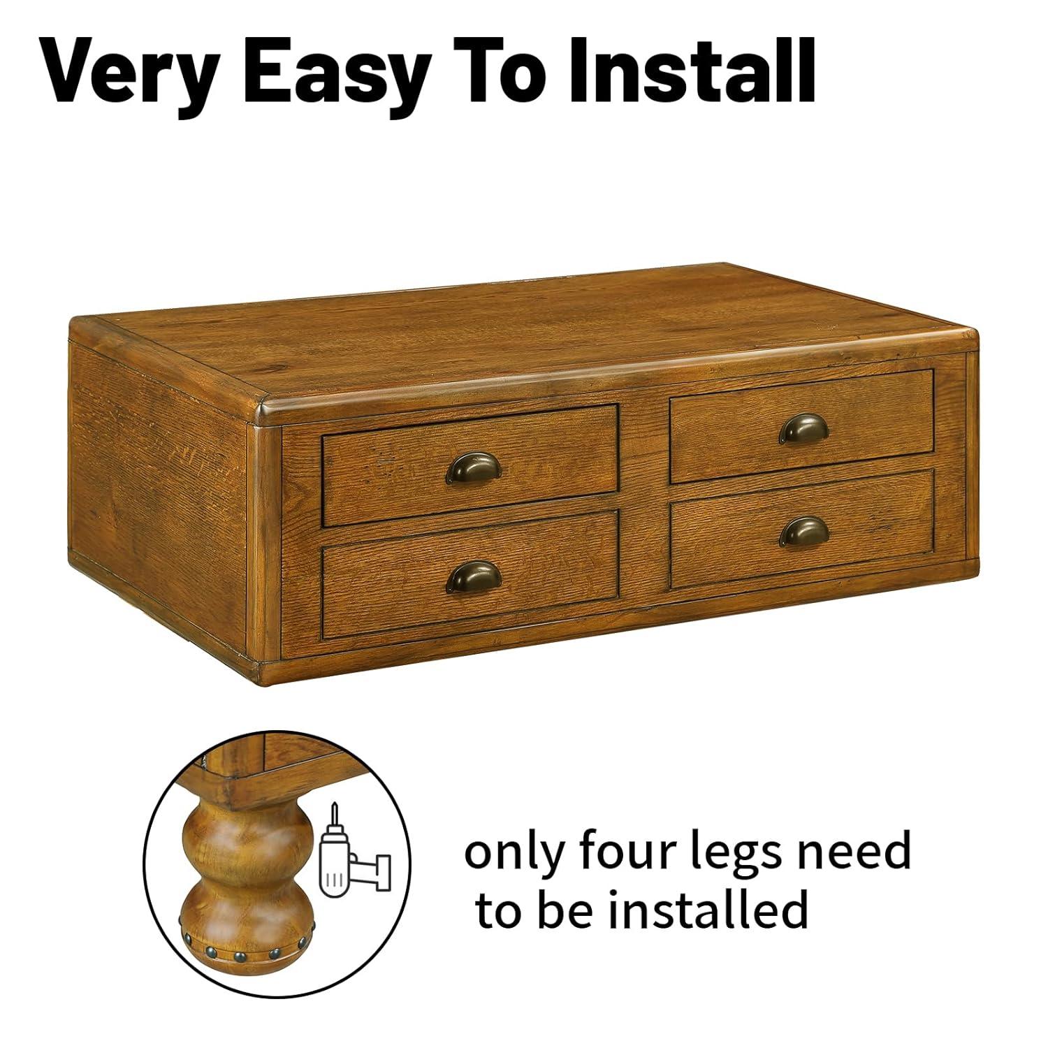 LKTART Wood Coffee Table with Storage Drawers, Vintage Rectangular Coffee Table for Living Room, Distressed Center Table with Rivet Decoration Legs(Rustic Brown, 40 inch)