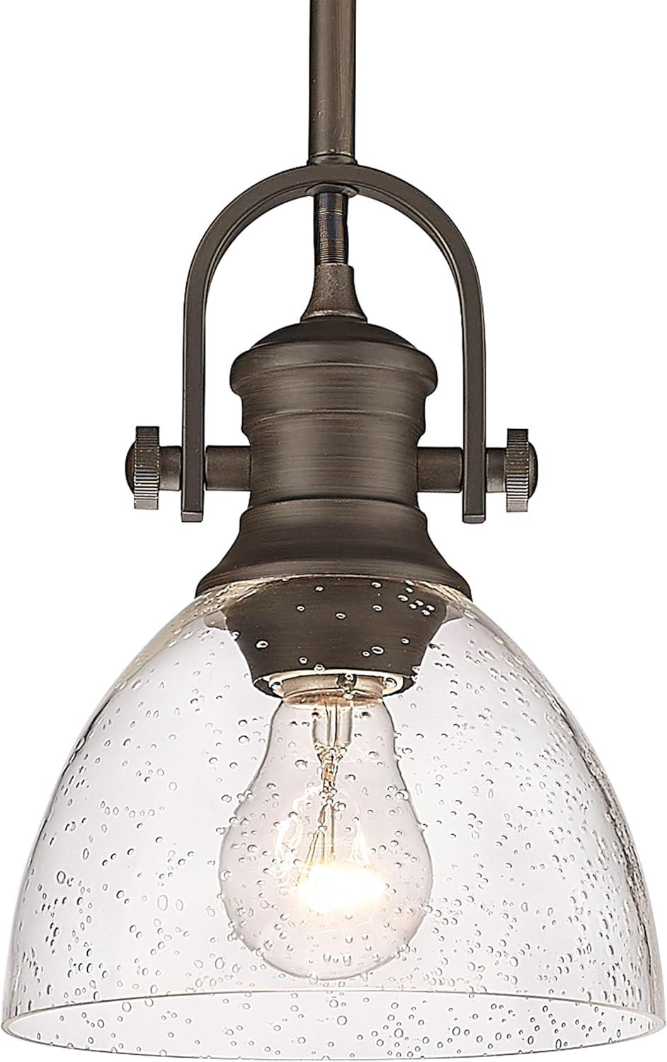 Golden Lighting Hines 1-Light Mini Pendant in Rubbed Bronze with Seeded Glass