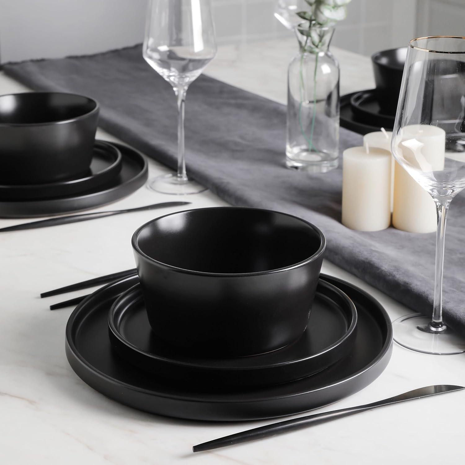 Stoneware Dinnerware Set 32-Pc Black Matte - Microwave & Dishwasher Safe for Daily Use & Entertaining | Durable, Chip-Resistant, Easy Clean Dishes