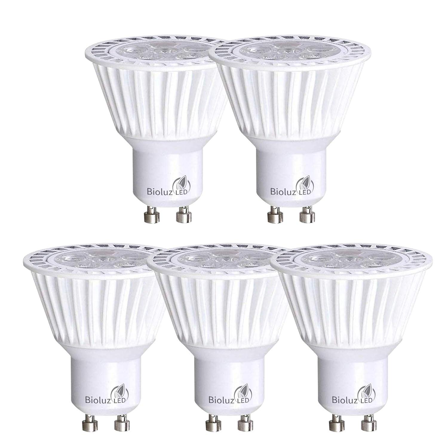 5 Pack Bioluz LED GU10 LED Bulb 50W Replacement (Uses only 6.5 watts) Dimmable 3000K 120v UL Listed