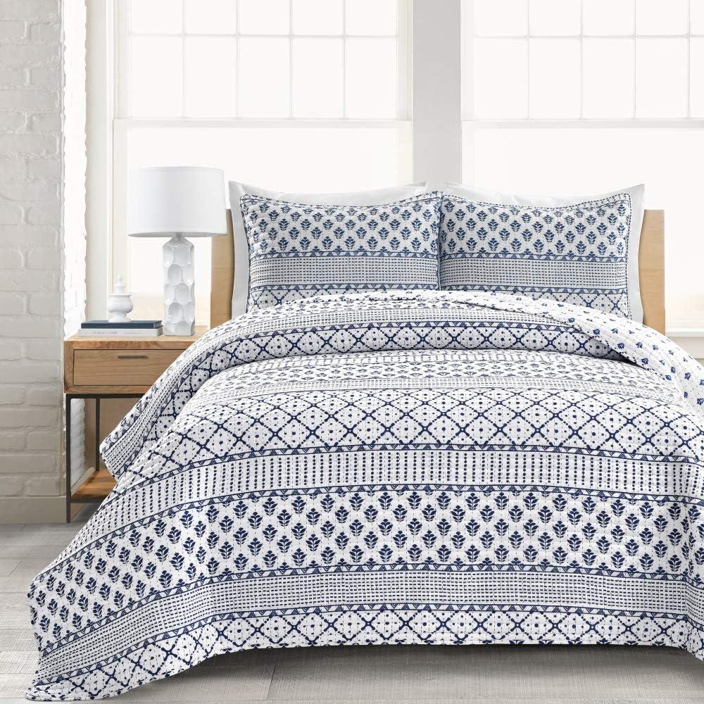 Full/Queen 3pc Monique Stripe Quilt Set  Navy/White - Lush Décor