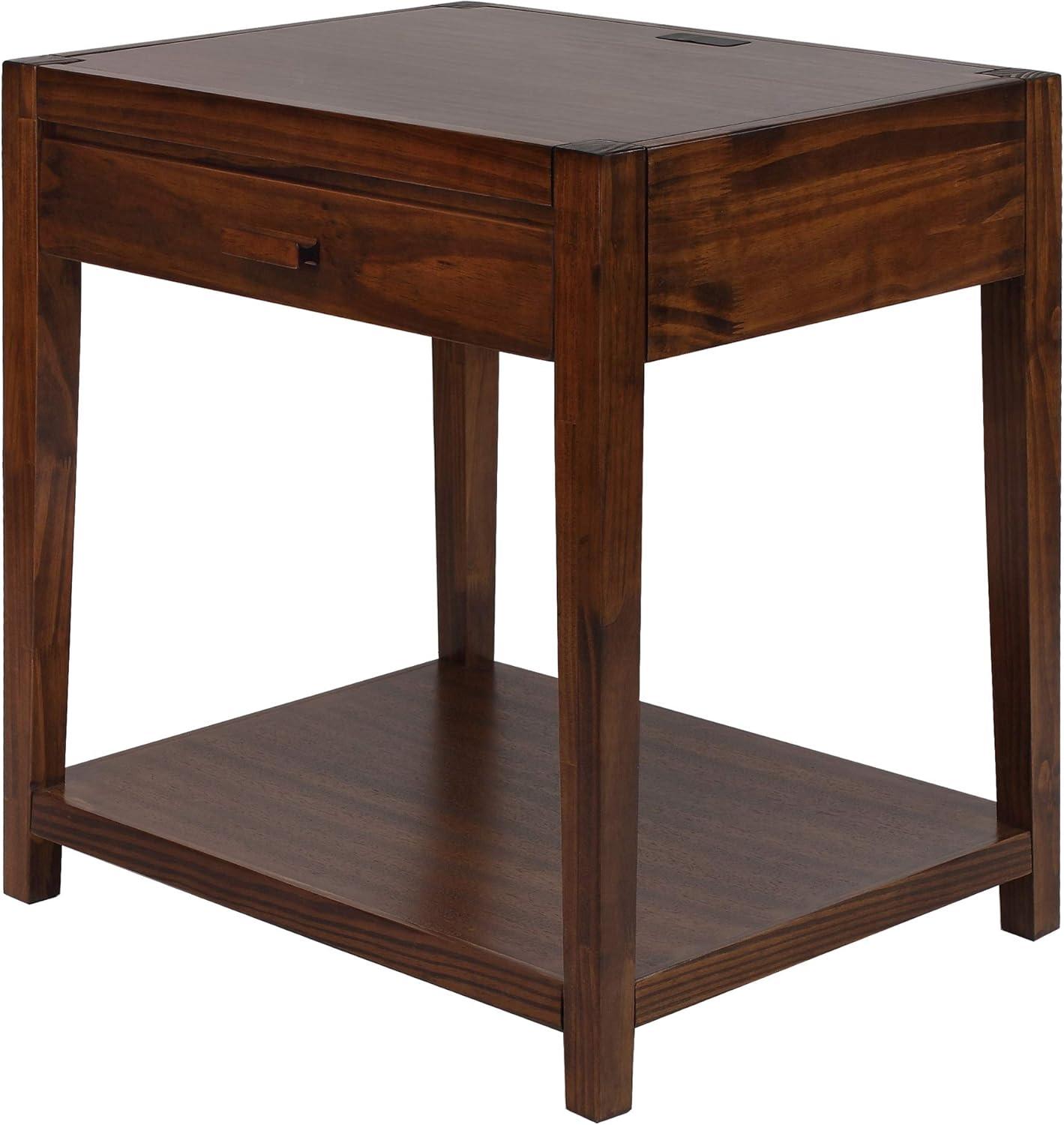 Warm Brown Solid Wood Nightstand with USB Ports