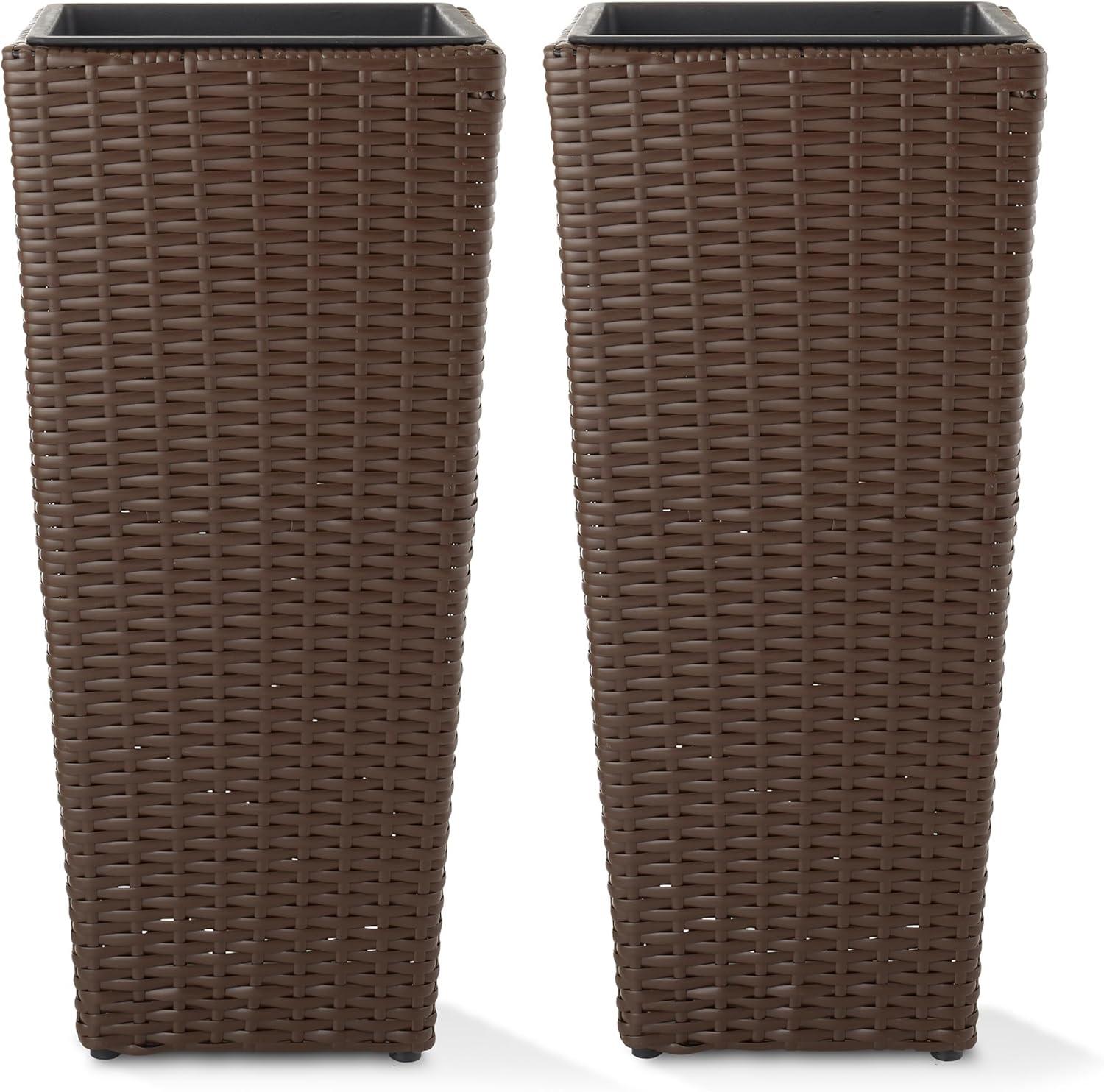 Casafield All-Weather Outdoor Planters with Liners - Set of 2, Tall Tapered Plant Boxes with Flower Pots for Front Porch, Patio, Garden - Espresso