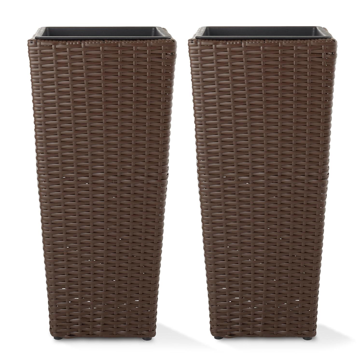 Casafield All-Weather Outdoor Planters with Liners - Set of 2, Tall Tapered Plant Boxes with Flower Pots for Front Porch, Patio, Garden - Espresso