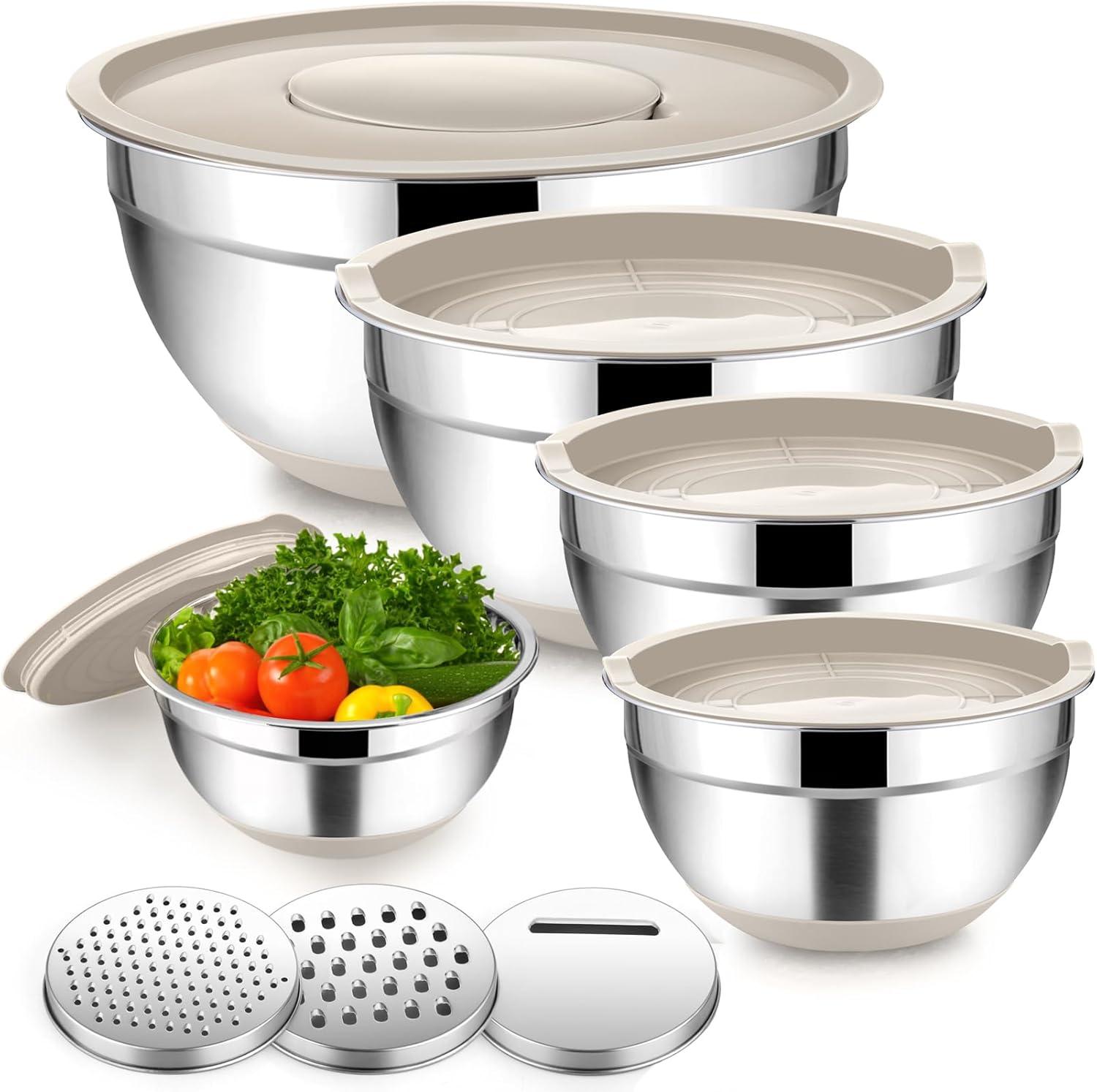 Khaki Stainless Steel Nesting Mixing Bowls with Lids Set of 5