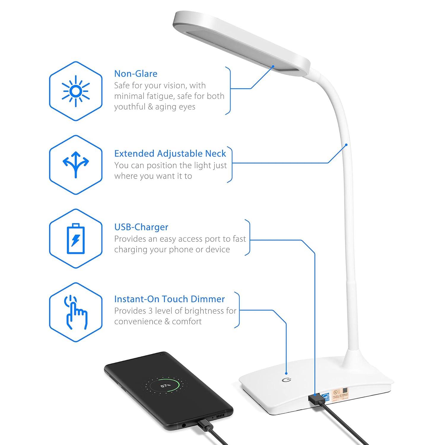 TW Lighting LED Desk Lamp with USB Charging Port Dimmable Study Home Office Lamps Black