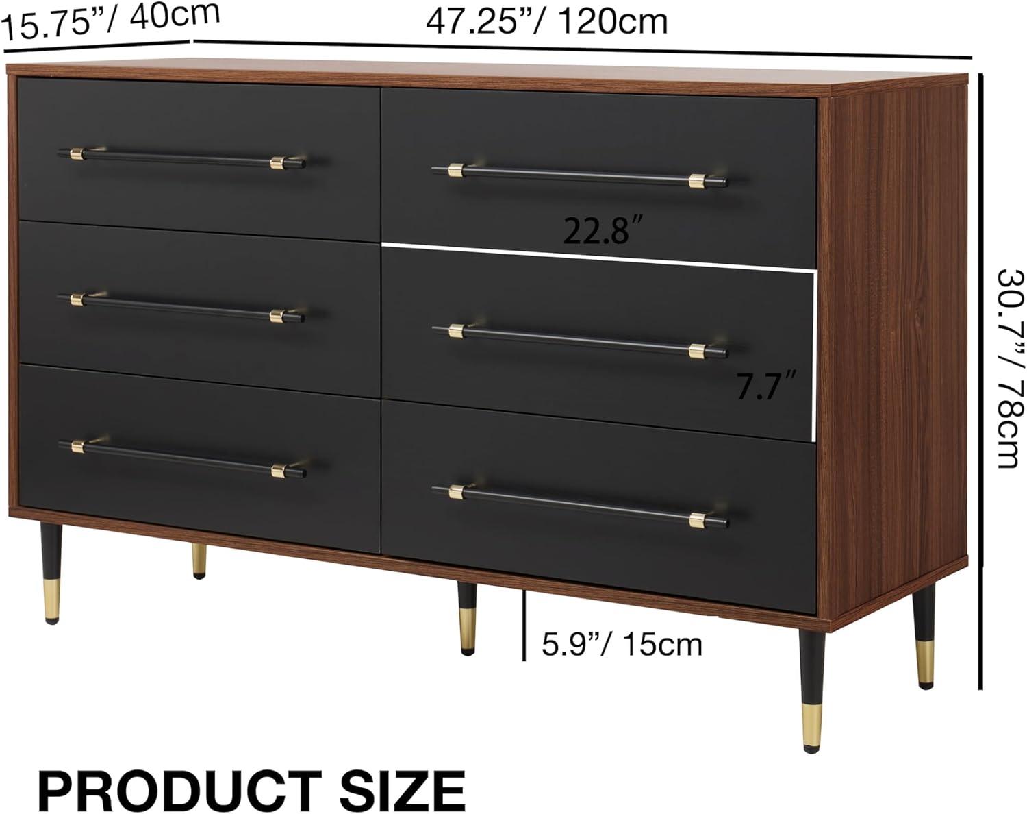 Finnhomy 6 Drawer Dresser for Bedroom, Mid Century Modern Dressers with Black Drawers, Wood Gold Dresser & Chest of Drawer with Wide Metal Handle Wooden Dresser for Bedroom/Living Room/Hallway