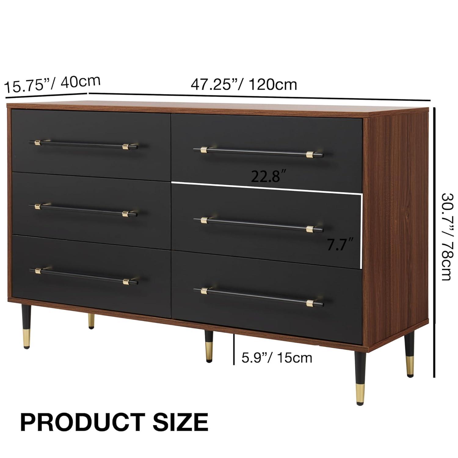 Finnhomy 6 Drawer Dresser for Bedroom, Mid Century Modern Dressers with Black Drawers, Wood Gold Dresser & Chest of Drawer with Wide Metal Handle Wooden Dresser for Bedroom/Living Room/Hallway