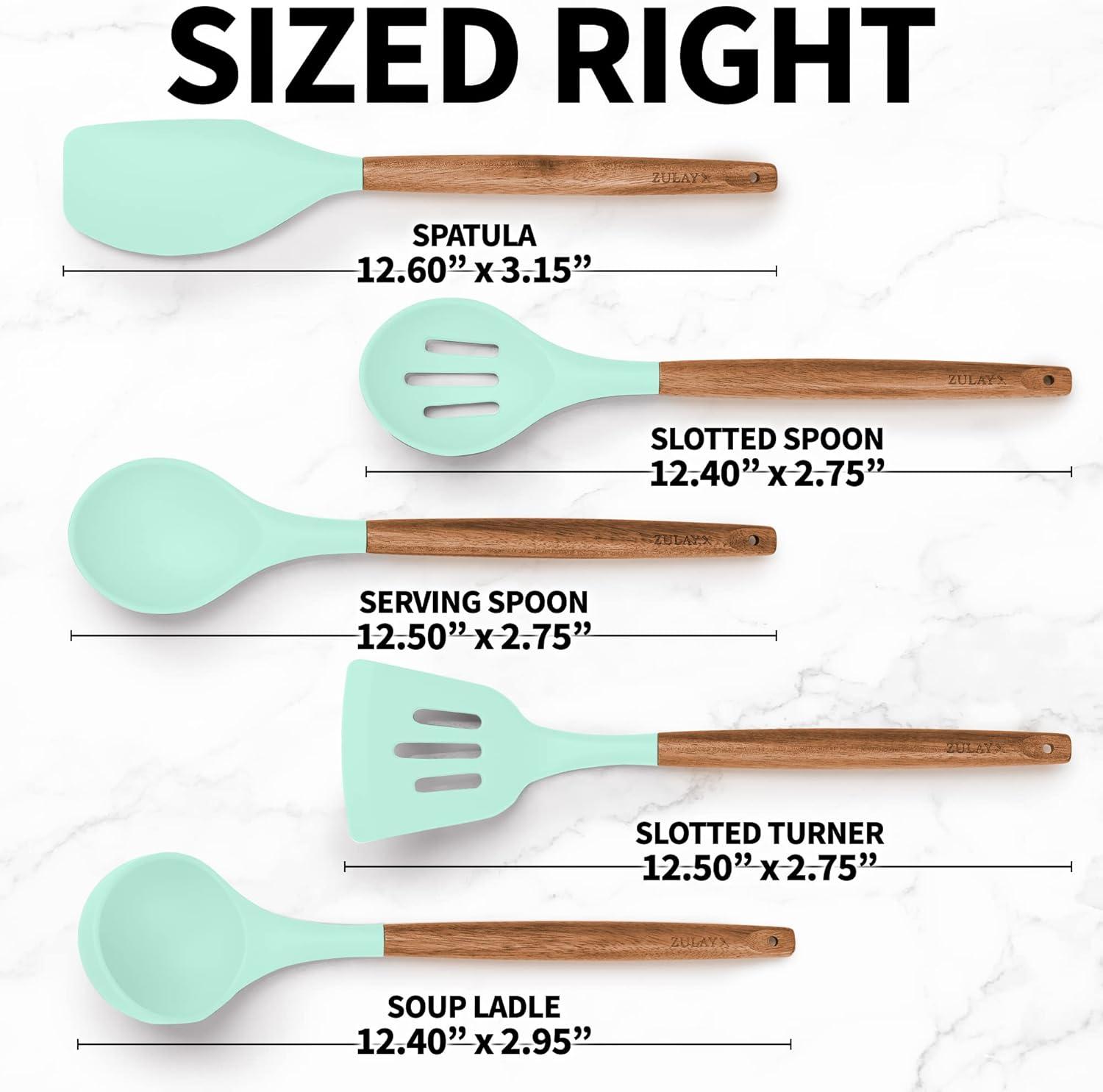 Aqua Silicone and Acacia Wood 5-Piece Cooking Utensil Set