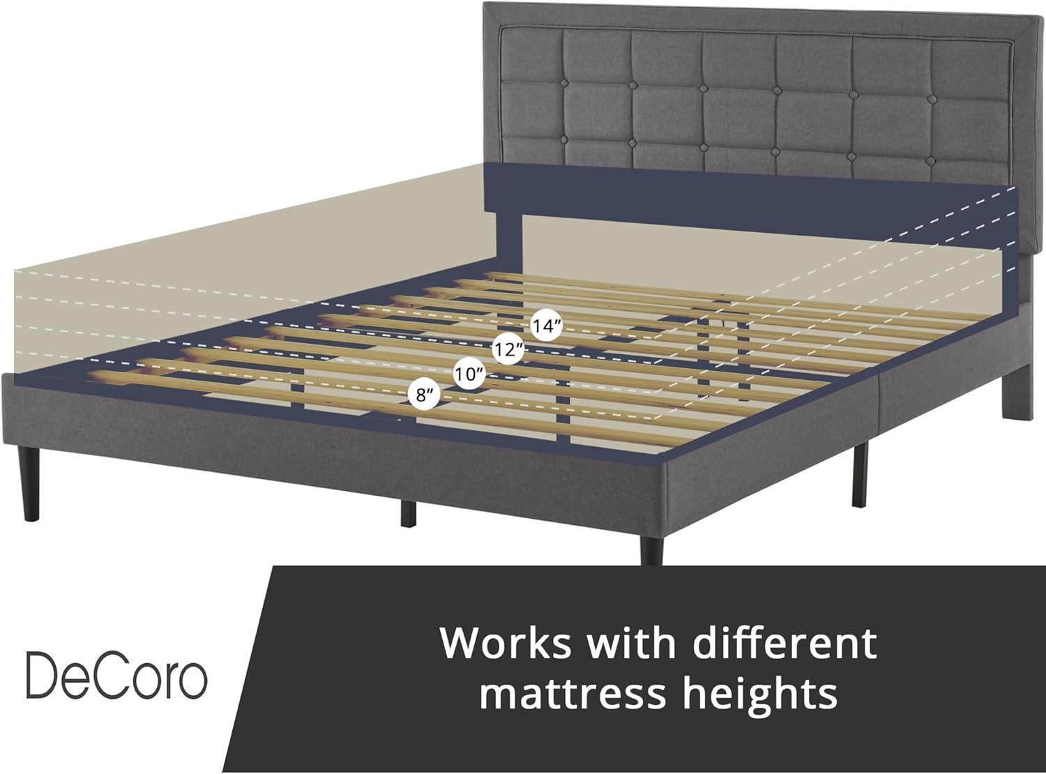 DeCoro Mornington Upholstered 2.0 Platform Full Size Bed Frame with Headboard for Indoor Use, Bedrooms, and Sleep Essentials, Queen, Grey