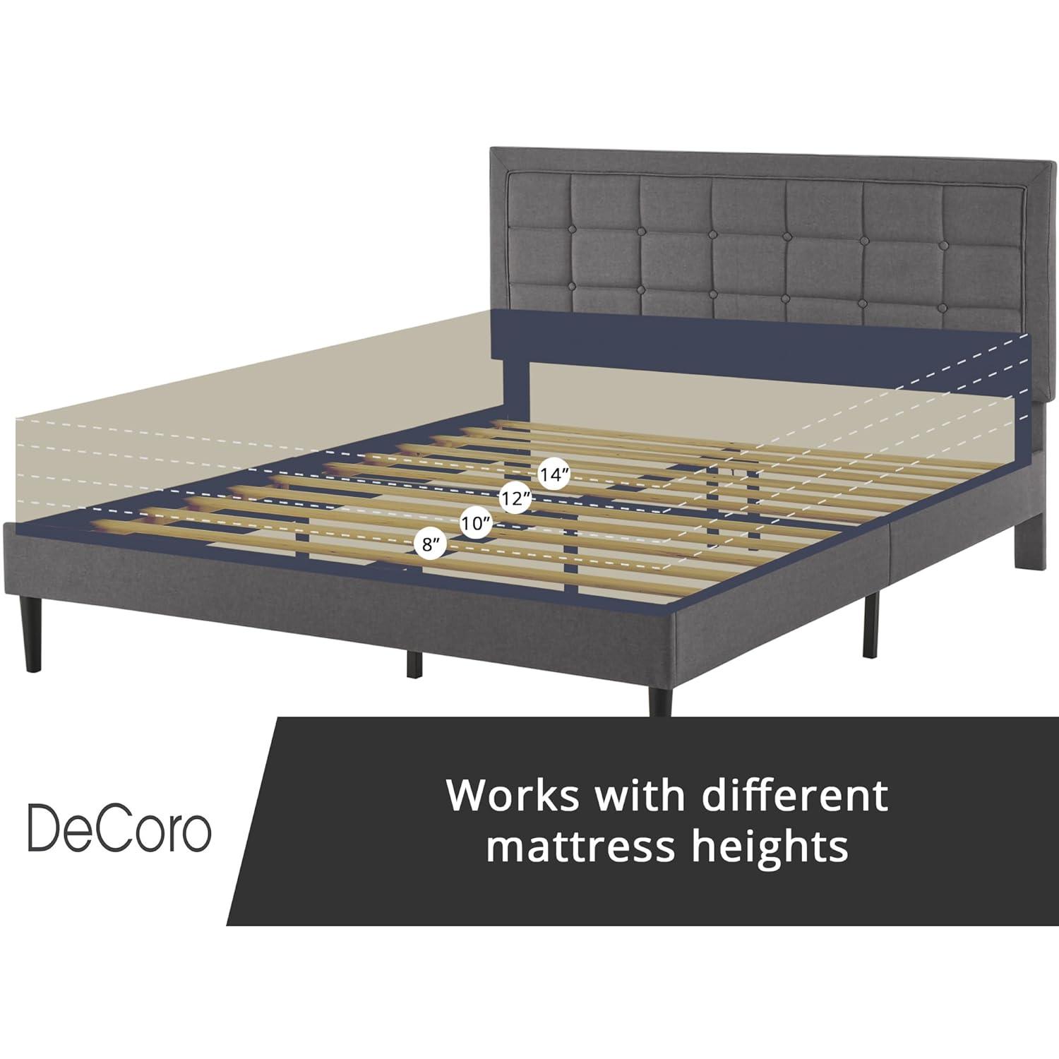 DeCoro Mornington Upholstered 2.0 Platform Full Size Bed Frame with Headboard for Indoor Use, Bedrooms, and Sleep Essentials, Queen, Grey