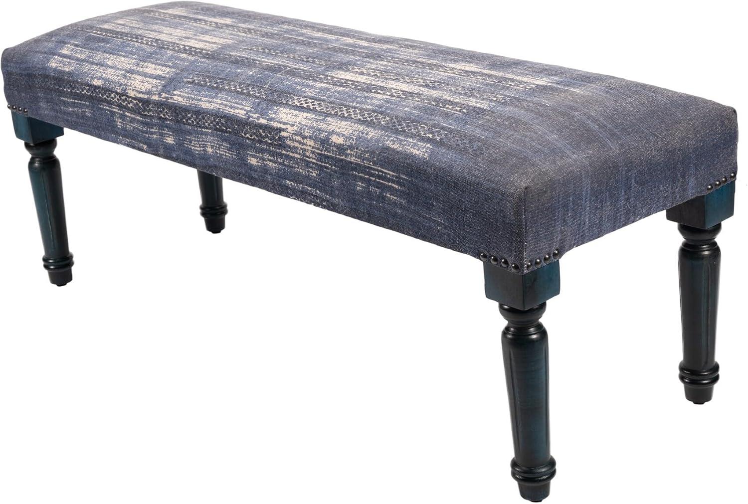 LR Home Bryant 47" Upholstered Accent Bench, Blue Abtsract