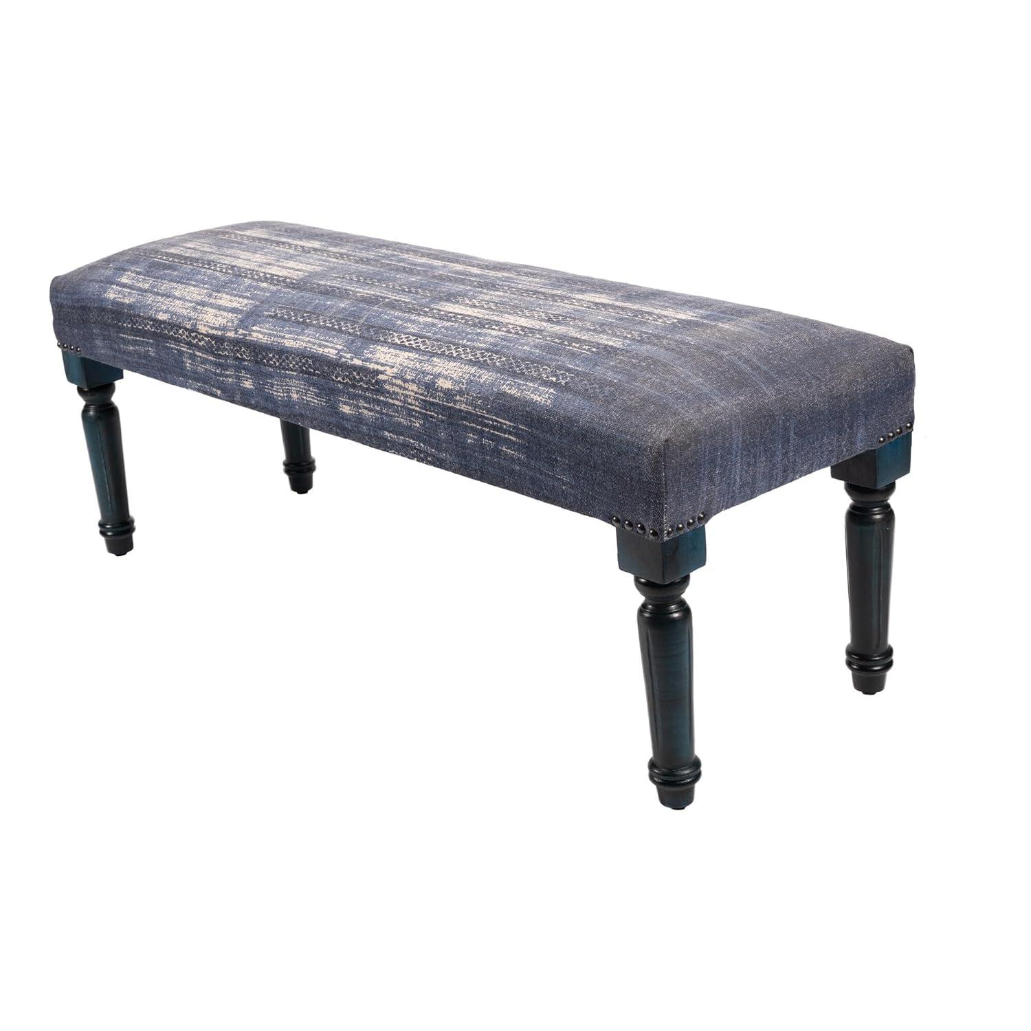 LR Home Bryant 47" Upholstered Accent Bench, Blue Abtsract