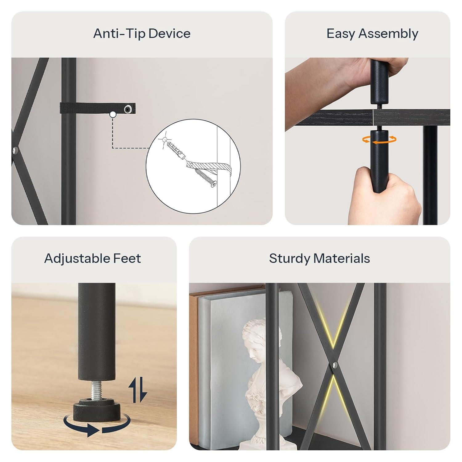 HOOBRO Corner Bookshelf, 5-Tier L-Shaped Bookcase, Industrial Open Display Shelf Tall Storage Organizer, Vertical Storage Rack, for Living Room, Home Office, Black BB60SJ01