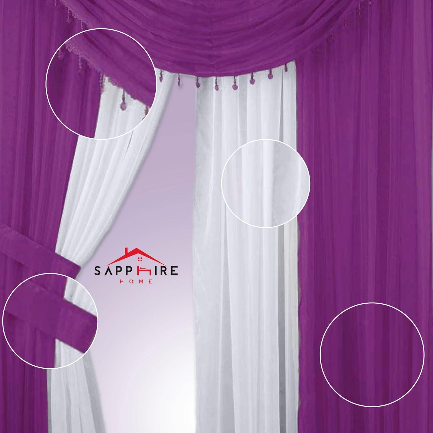 Sapphire Home Complete Window Sheer Curtain Panel Set with 4 Attached Panels 55x95 Each and 2 Valances with Beads and 2 Tiebacks - Easy Installation- Multicolor Purple and White