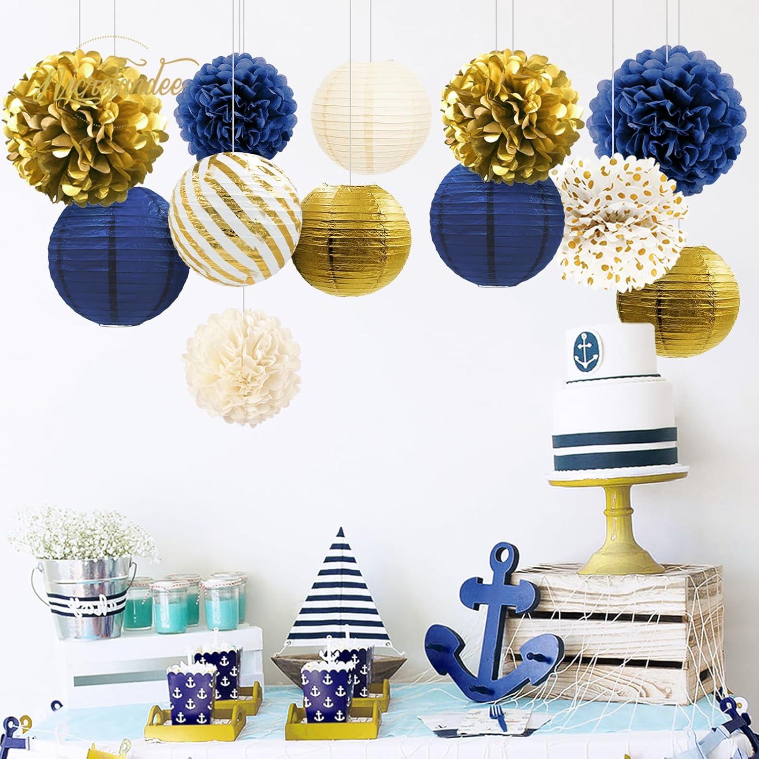 AIM & GGKK Paper Pom Poms Gold Gradient Navy Blue and White Tissue Hanging Paper Pom Poms,Flower Ball Wedding Birthday Party Decoration(12pcs)