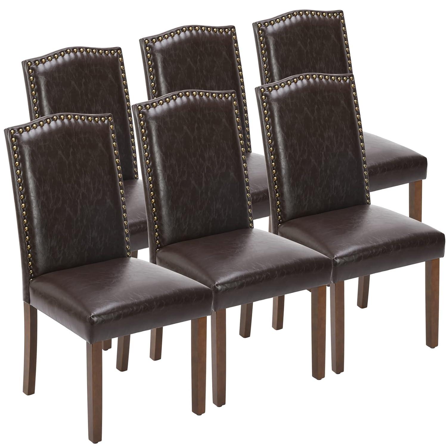 DUMOS Upholstered Dining Chairs Set of 6, Modern Leather Dining Room Chair with Nailhead Trim and Wood Legs, Mid-Century Accent for Living Room, Kitchen, Dark Brown