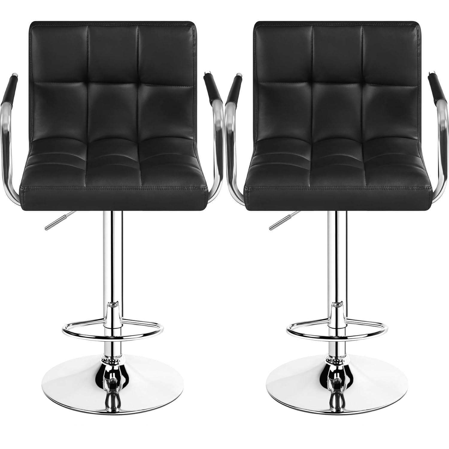 Costway Set of 2 Bar Stools PU Leather Adjustable Barstool Swivel Pub Chairs Black Full Back