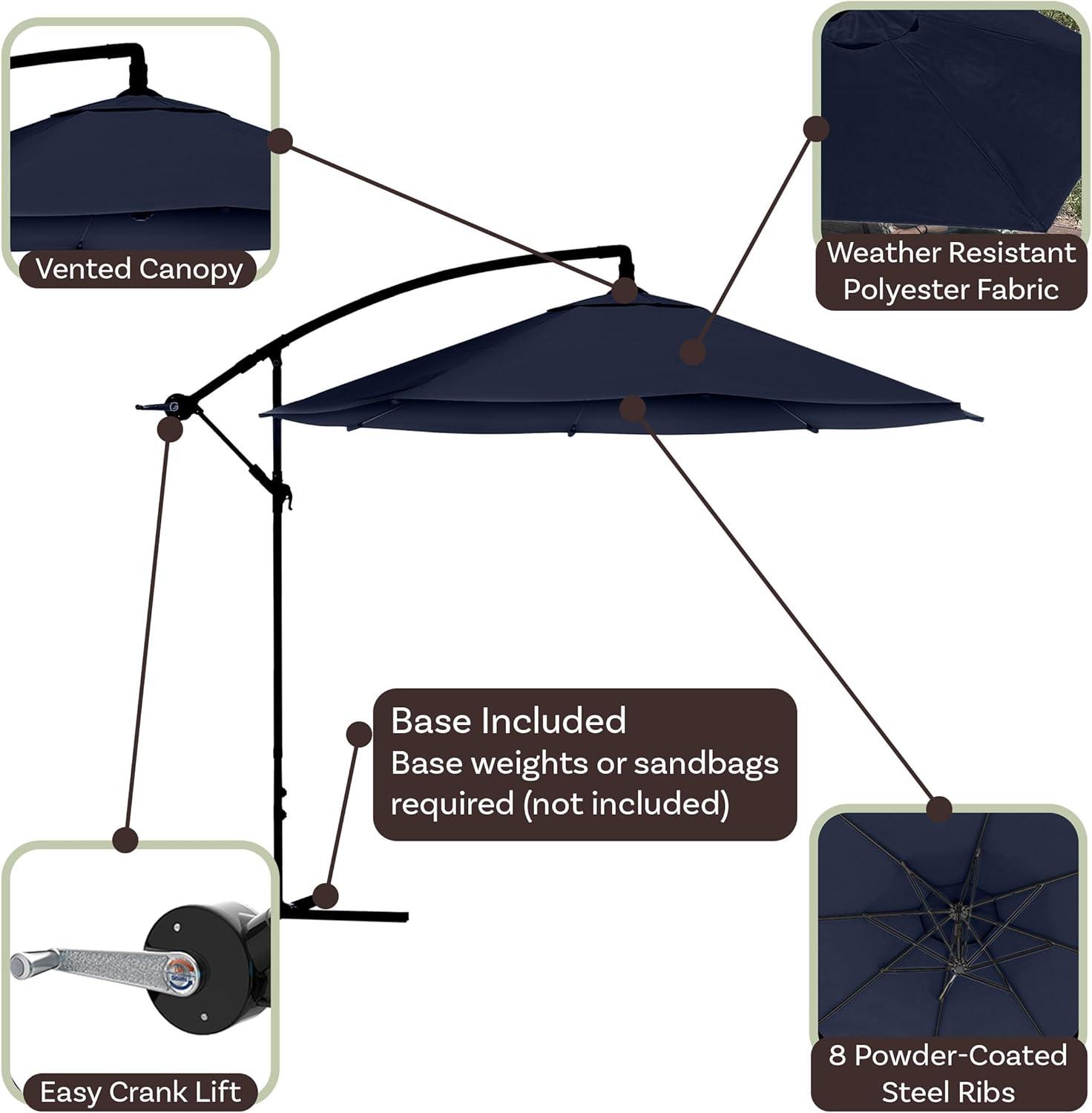 Pure Garden 10' Octagon Outdoor Patio Cantilever Umbrella Navy Blue: Weather-Resistant, Crank Lift, No Tilt