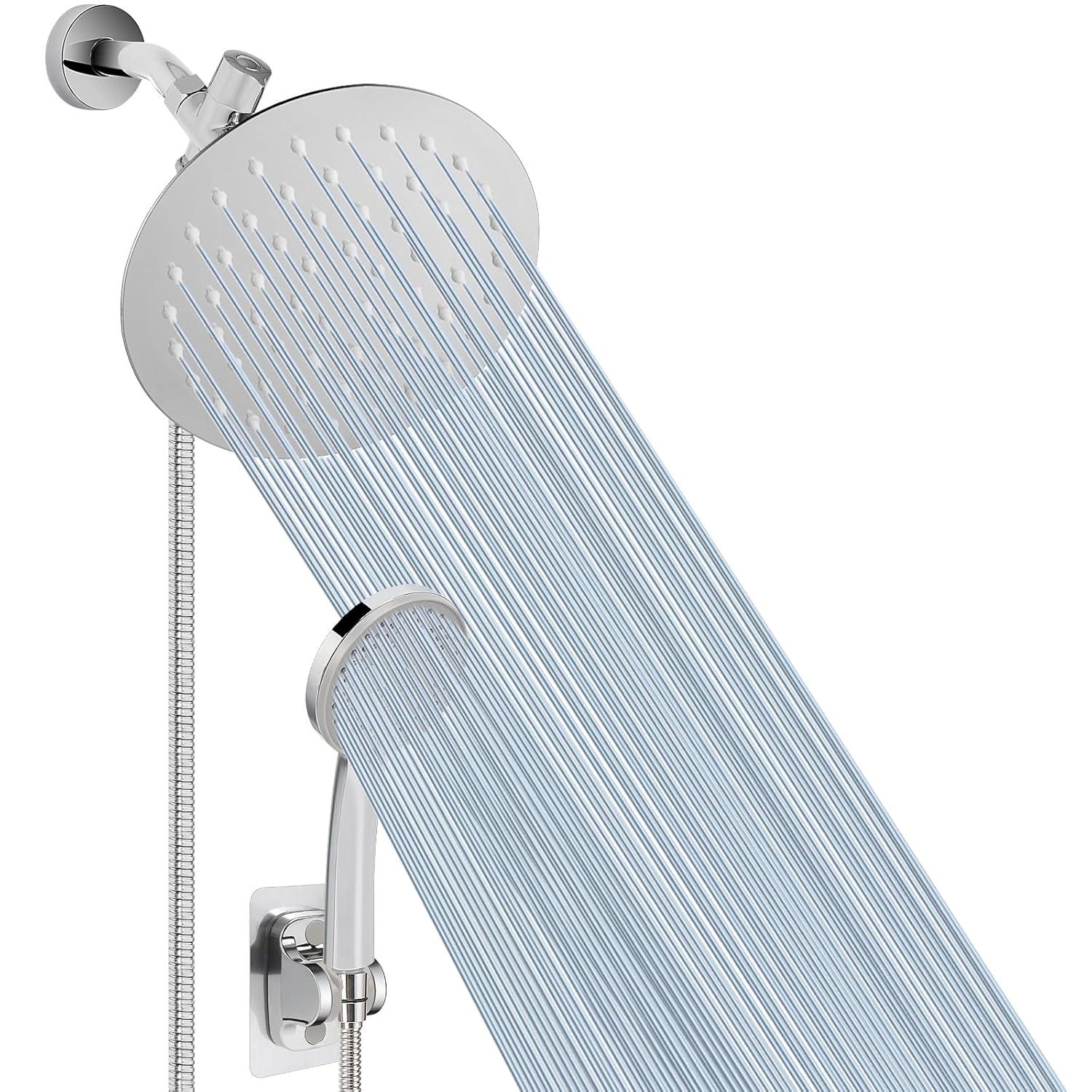 NearMoon Shower Head with Hose, High-Pressure Stainless Steel 8'' Rain Shower and 5 Settings Handheld Shower Spray Combo with Push Button Flow Control for Easy Operation (Chrome)