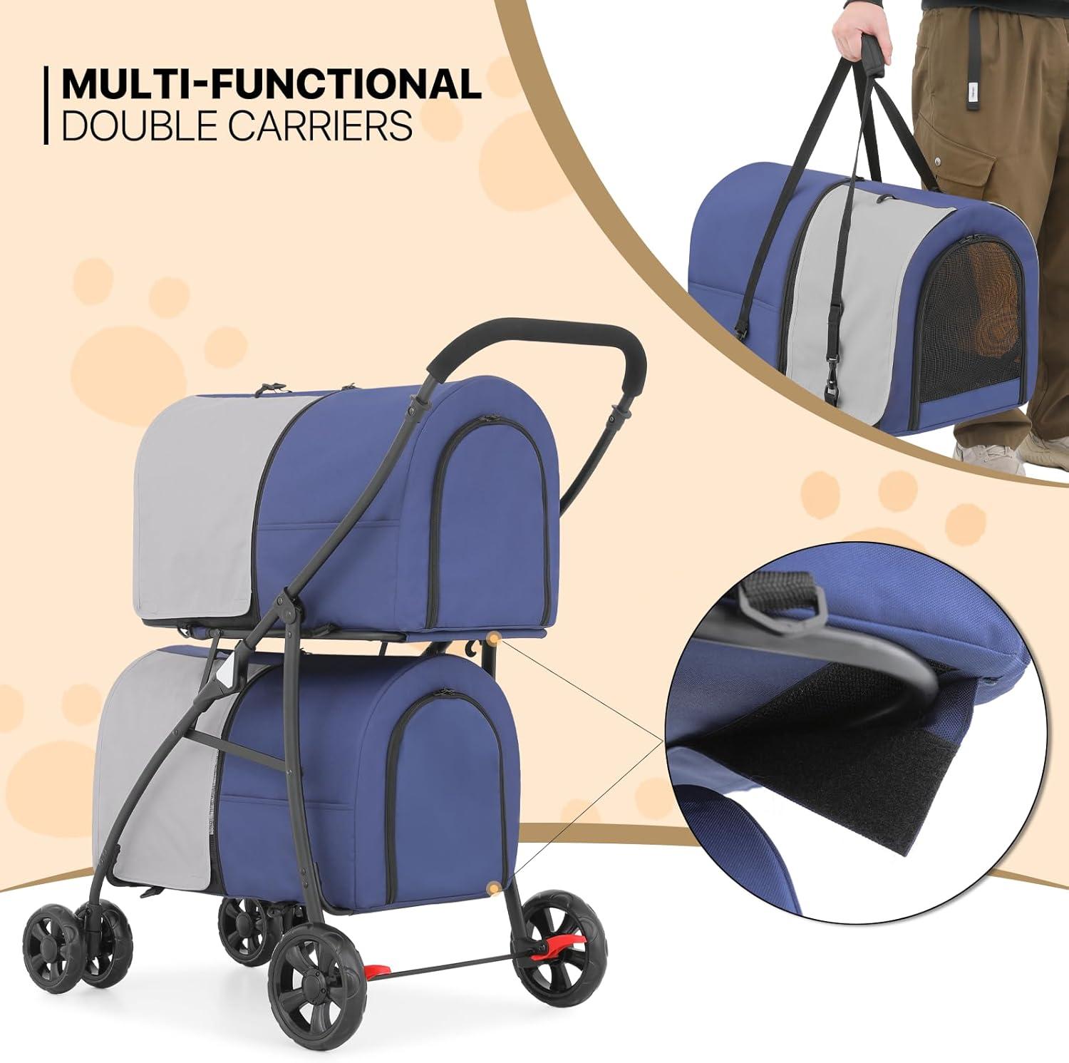 MoNiBloom 4 in 1 Double Pet Stroller, Foldable Cat Stroller for 2 Cats/Dogs with Detachable Carrier Bags & Rear Brakes, Navy Blue/Gray