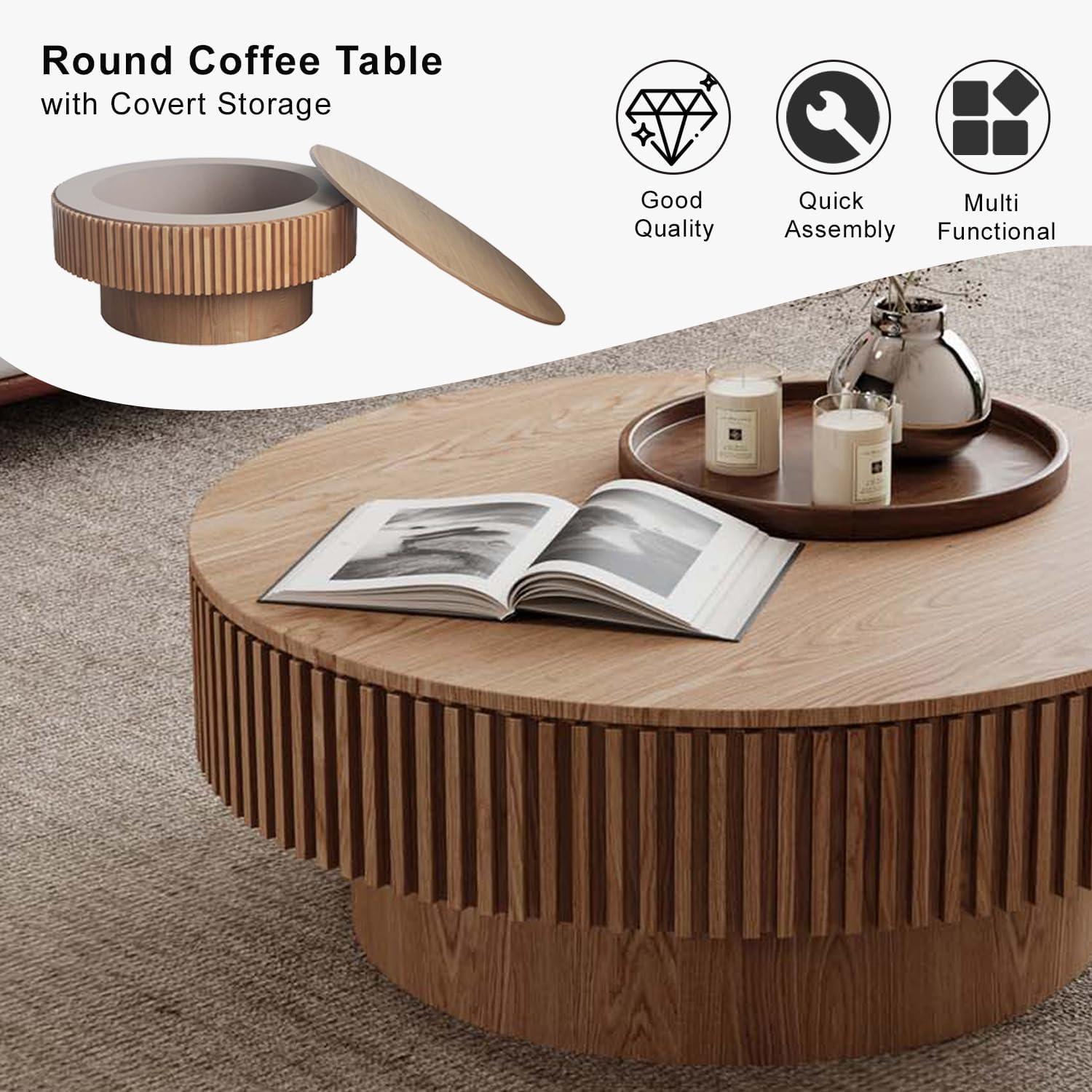 HomVent 31.5'' Round Coffee Table with Storage, Modern Wooden Coffee Table with Solid Wood Veneered, Circle Center Table Accent Tea Table for Living Room, Small Space, Apartment