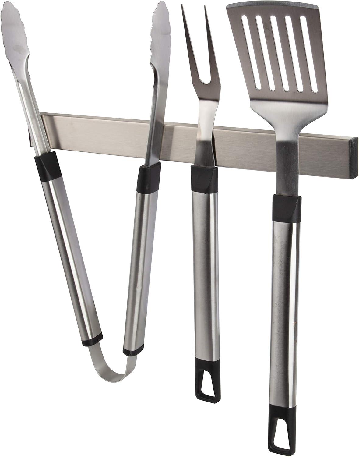 Magnetic Stainless Steel BBQ Tool Bar Rack 16" x 1.5" - Hands Free Grill Utensil Organizer, Storage, and Holder - Strong Magnet or Optional Adhesive Strip Attaches to Your Grill - Hangs up to 10 Tools