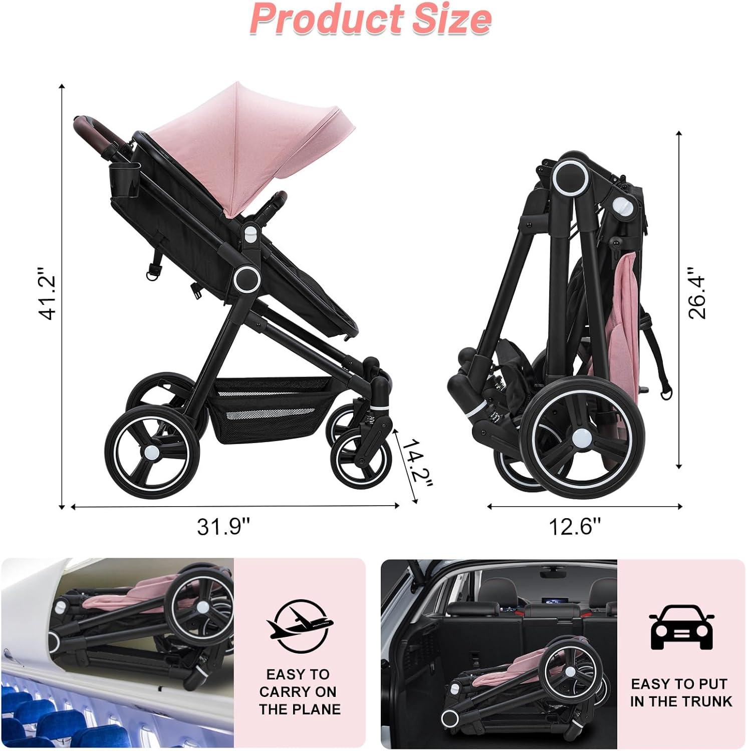 2 in 1 Baby Stroller for Toddler 0-3, Bassinet Stroller for Toddler with Large Storage Basket, Shock Absorbing，Stroller for Newborn with Removable Seat, Cup Holder，Stroller That Converts to Bassinet