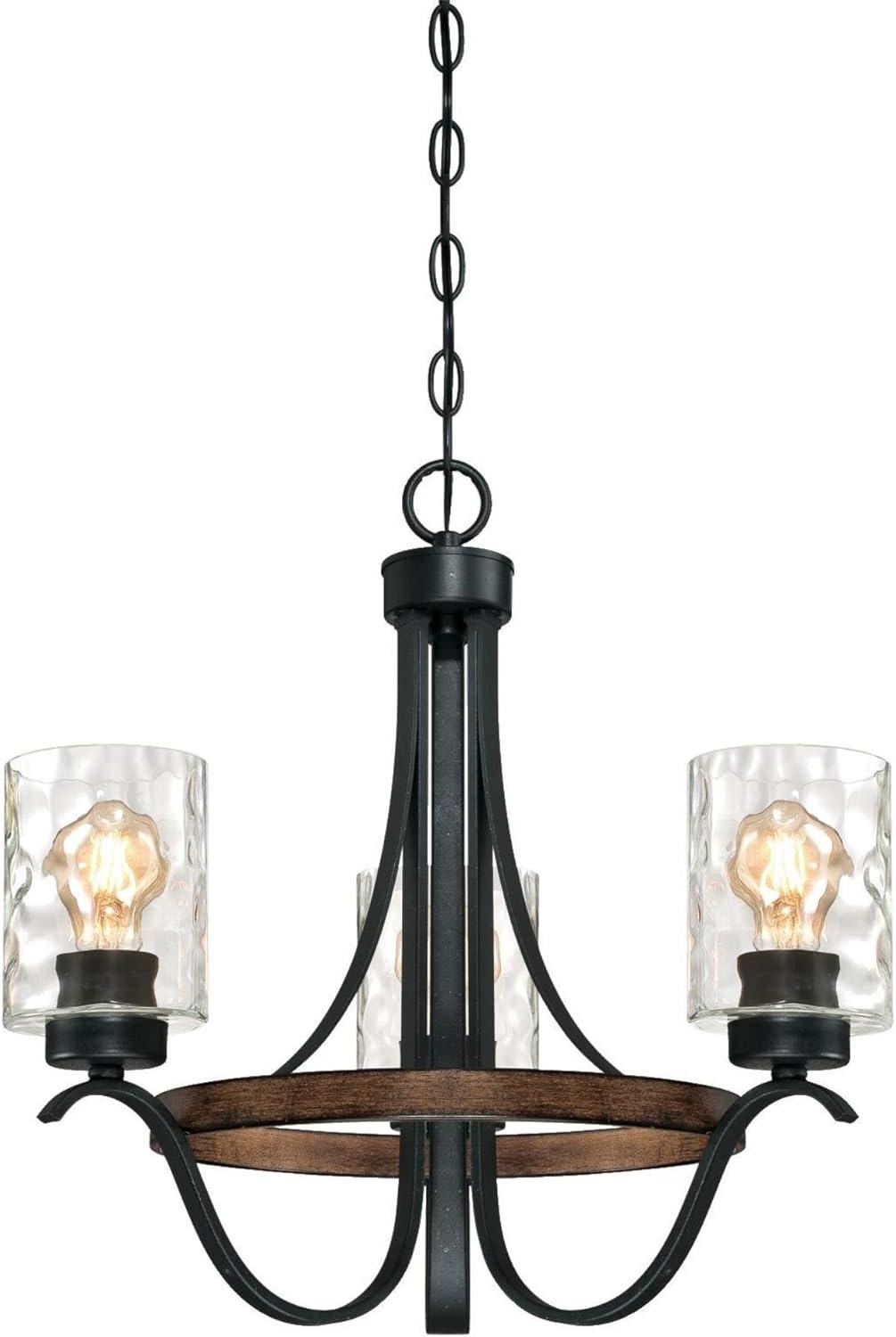 Westinghouse 6331800 Barnwell Three-Light Indoor Chandelier, Textured Iron and Barnwood Finish with Clear Hammered Glass