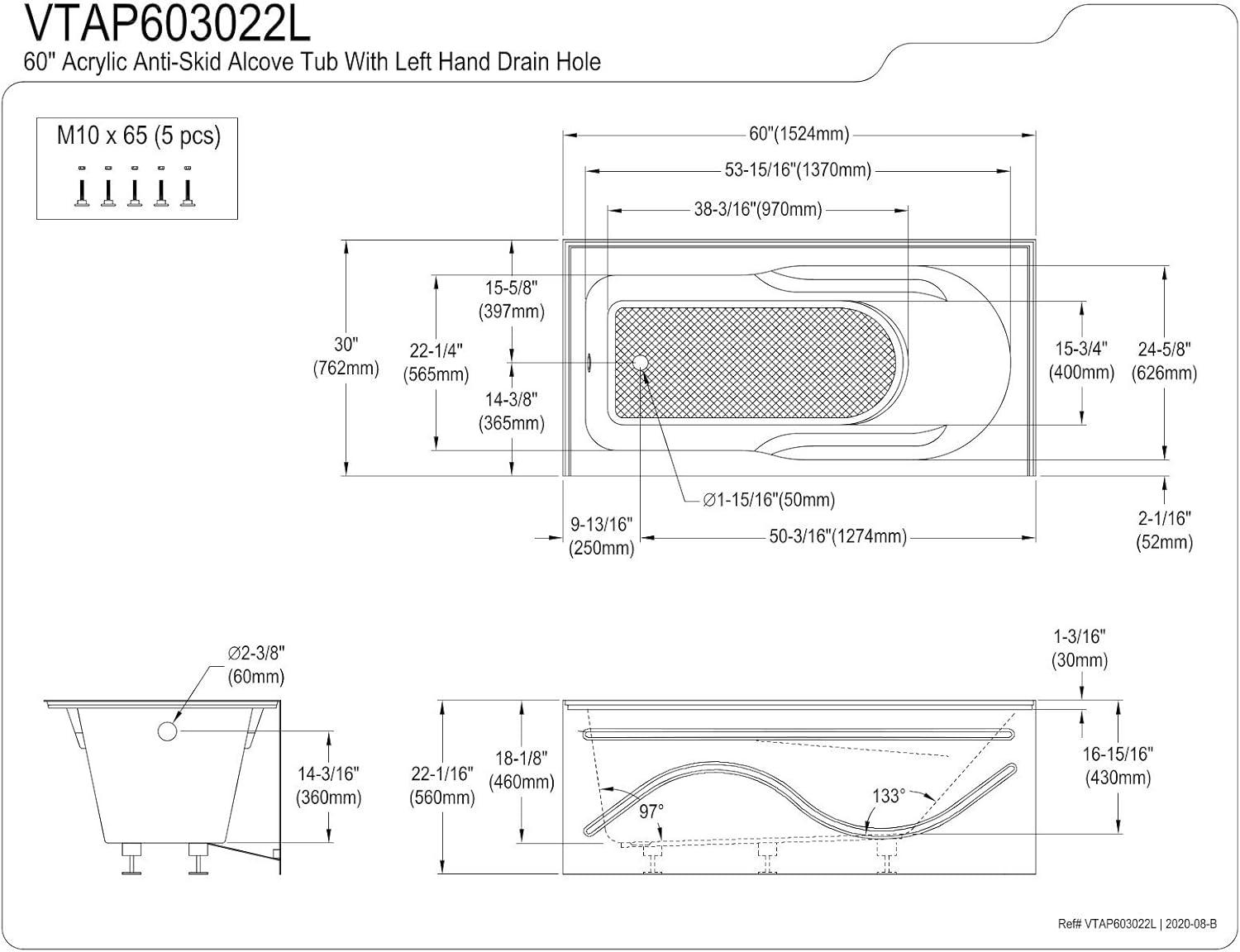 Aqua Eden 60-Inch White Acrylic Alcove Bathtub with Anti-Skid