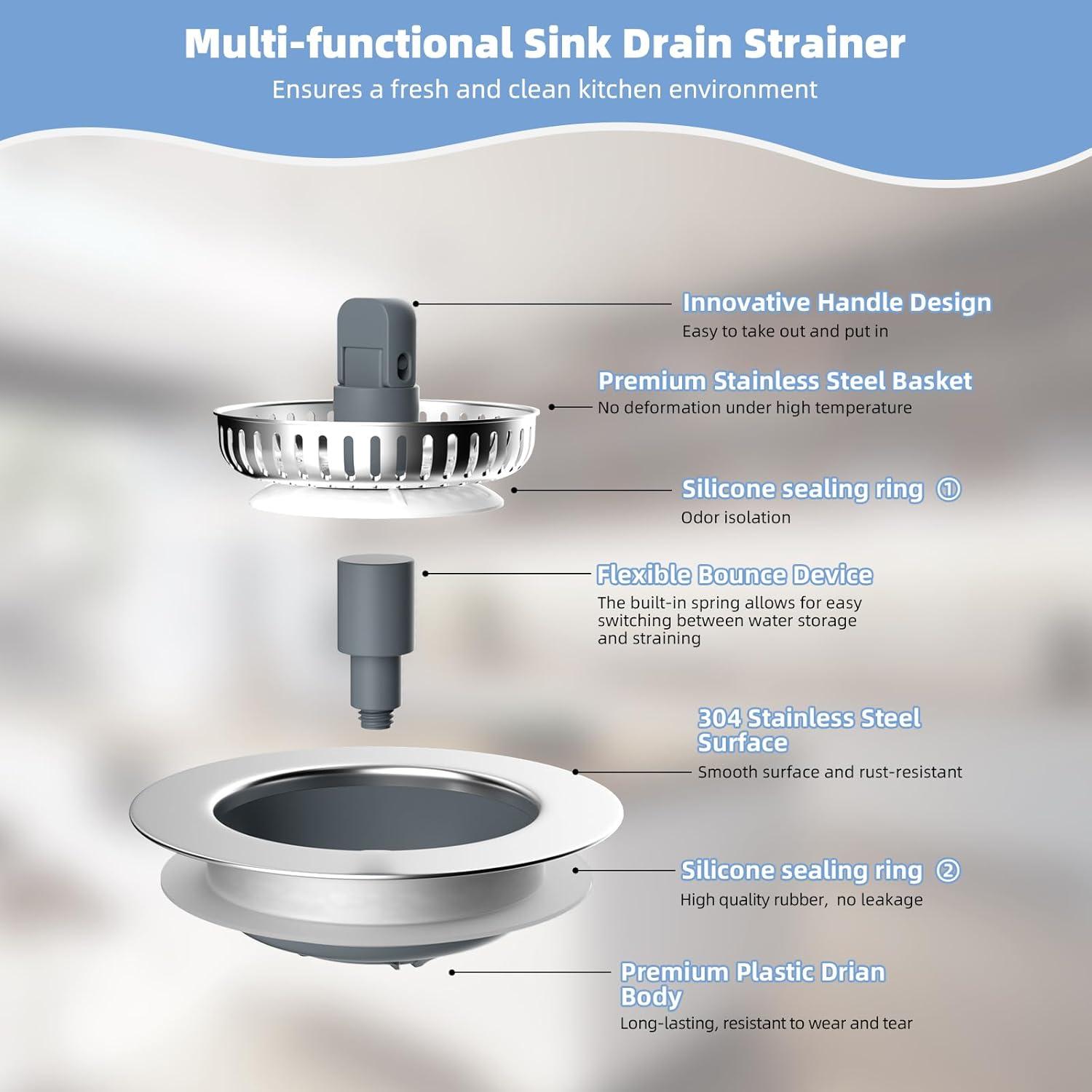 Hibbent 3-in-1 Kitchen Sink Drain Strainer  Stopper , Stainless Steel Pop-Up Design, Anti-Clogging Metal Basket with Handle, Compatible with US Standard 3-1/2" Drain