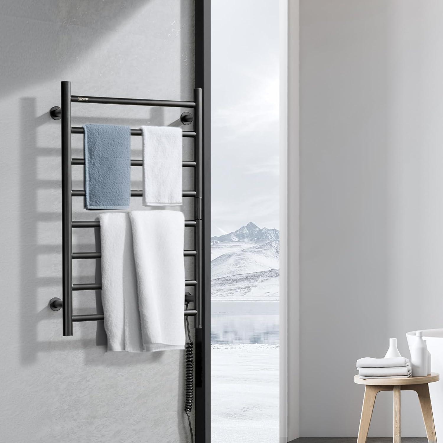 Black Wall Mounted Stainless Steel Heated Towel Rack with Timer