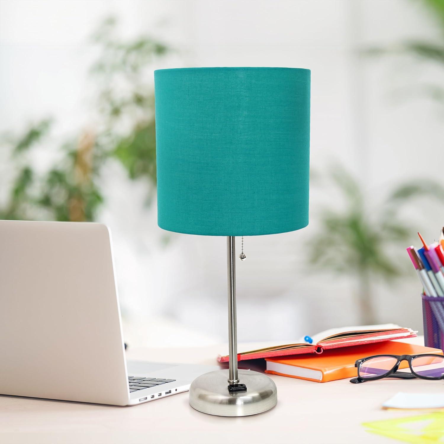 Teal Fabric Shade Brushed Steel Stick Table Lamp Set with Charging Outlet