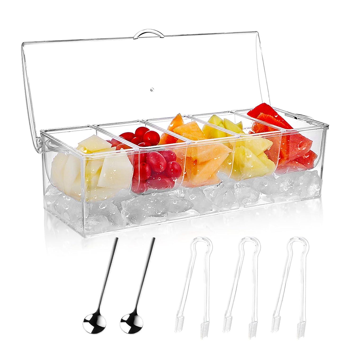 MOLIGOU Chilled Condiment Server with Lid, Chilled Condiment Tray with 5 Removable Compartments, Ice Condiment Serving Containers